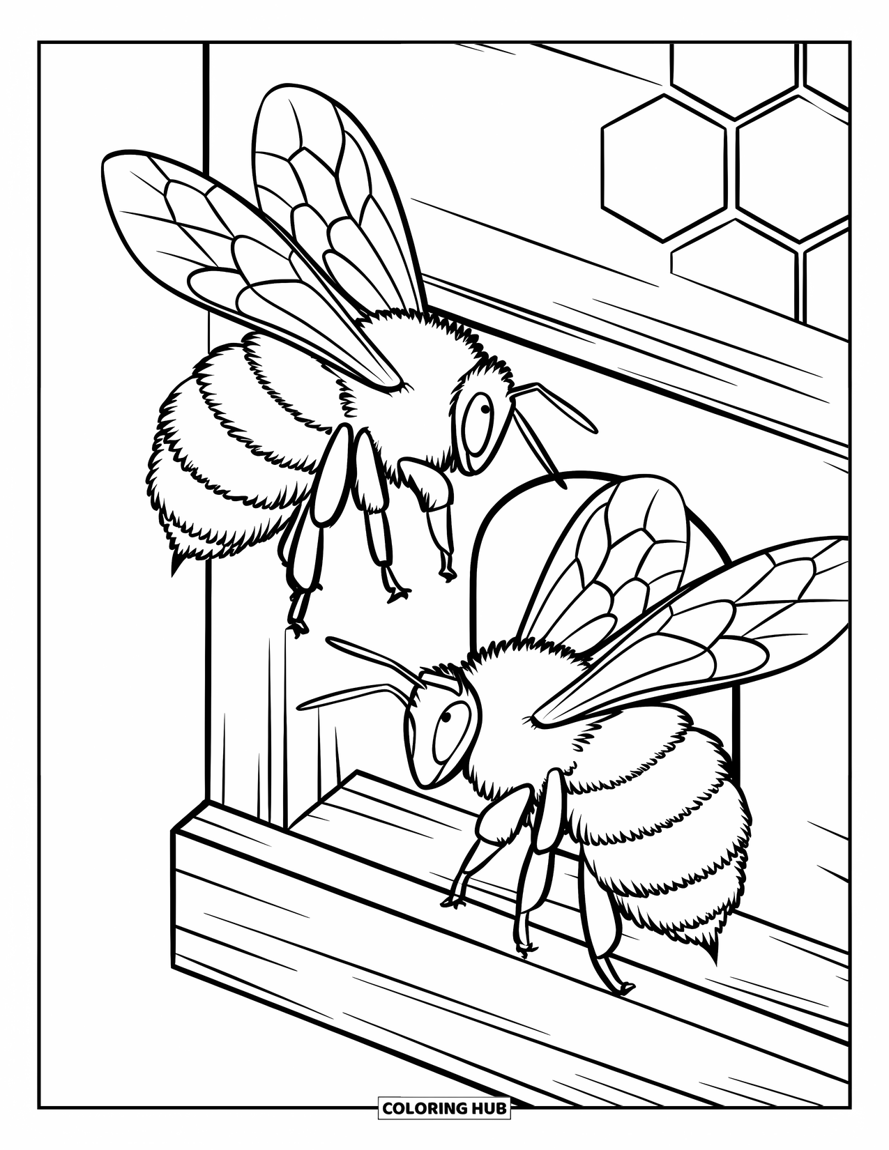 Bee Coloring Page for Kids: Two busy bees carry honey into a hive with hexagon cells at the entrance