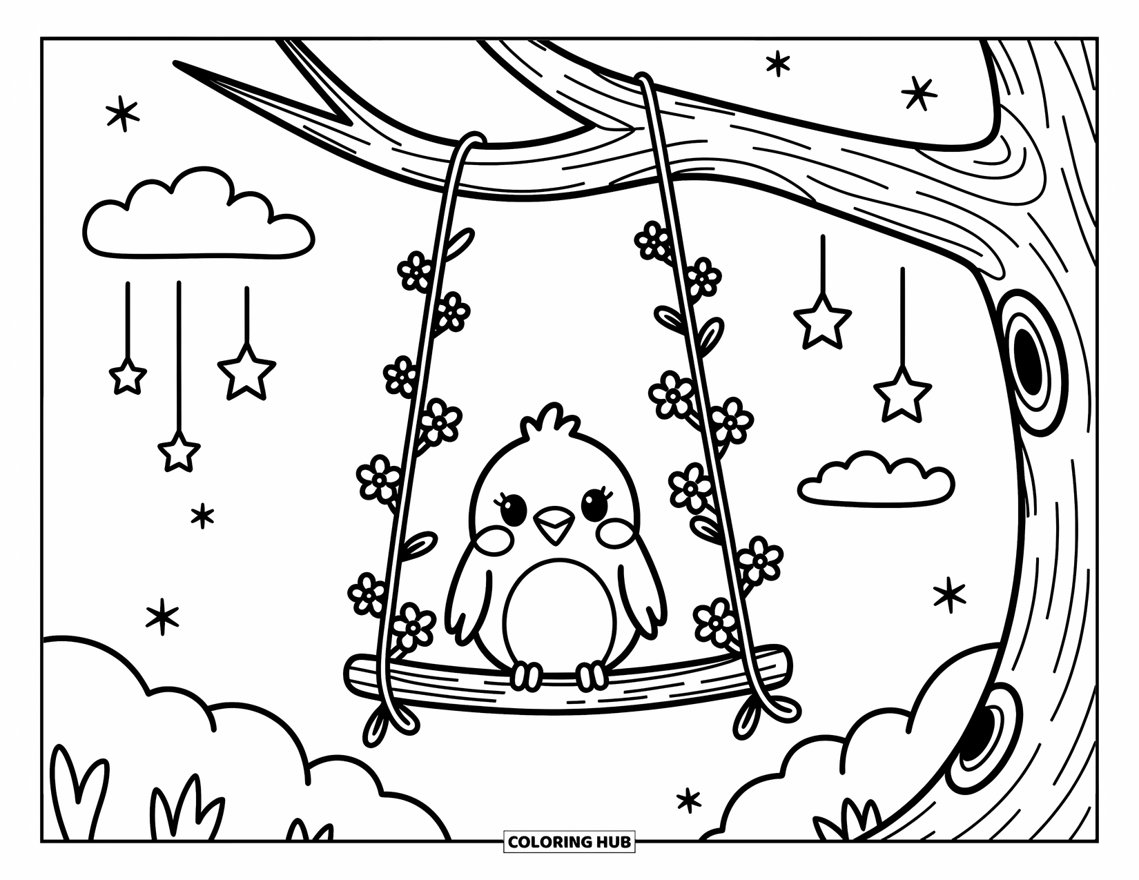 Vogel Ausmalbild für Erwachsene: Entzückender Vogel schwingt unter den Sternen an einer blumigen Zweigschaukel