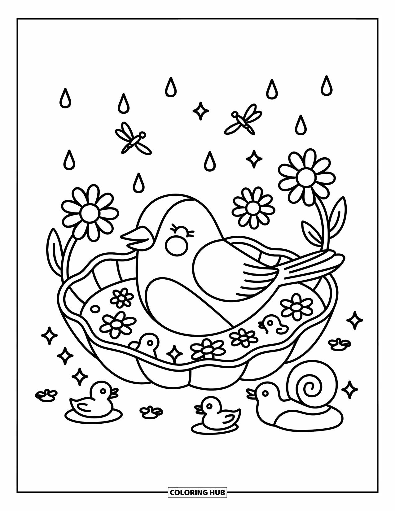 Vogel Ausmalbild für Erwachsene: Vogel badet mit schwimmenden Blumen und Entchen, während Libellen in der Nähe schweben