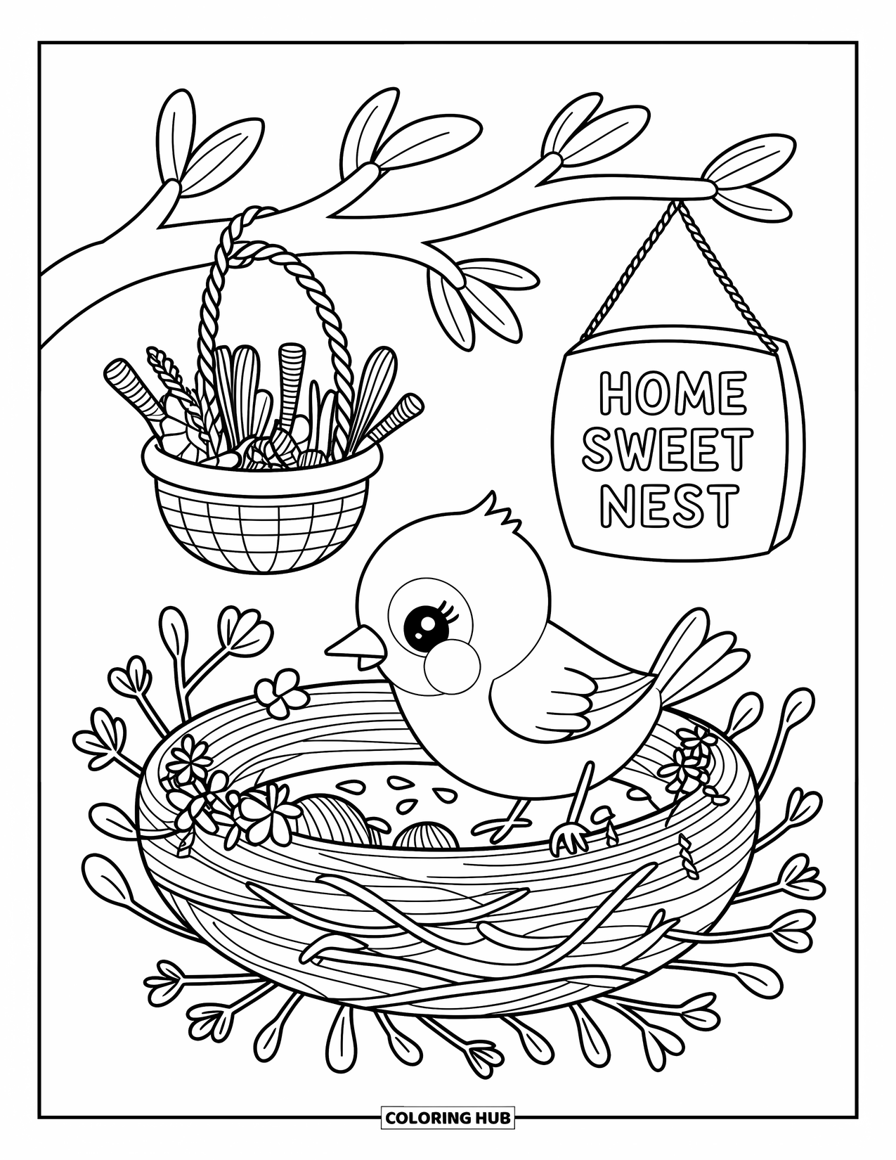 Vogel Ausmalbild für Erwachsene: Vogel ist fleißig dabei, sein Nest mit niedlichen Vorräten und einem gemütlichen Schild zu bauen
