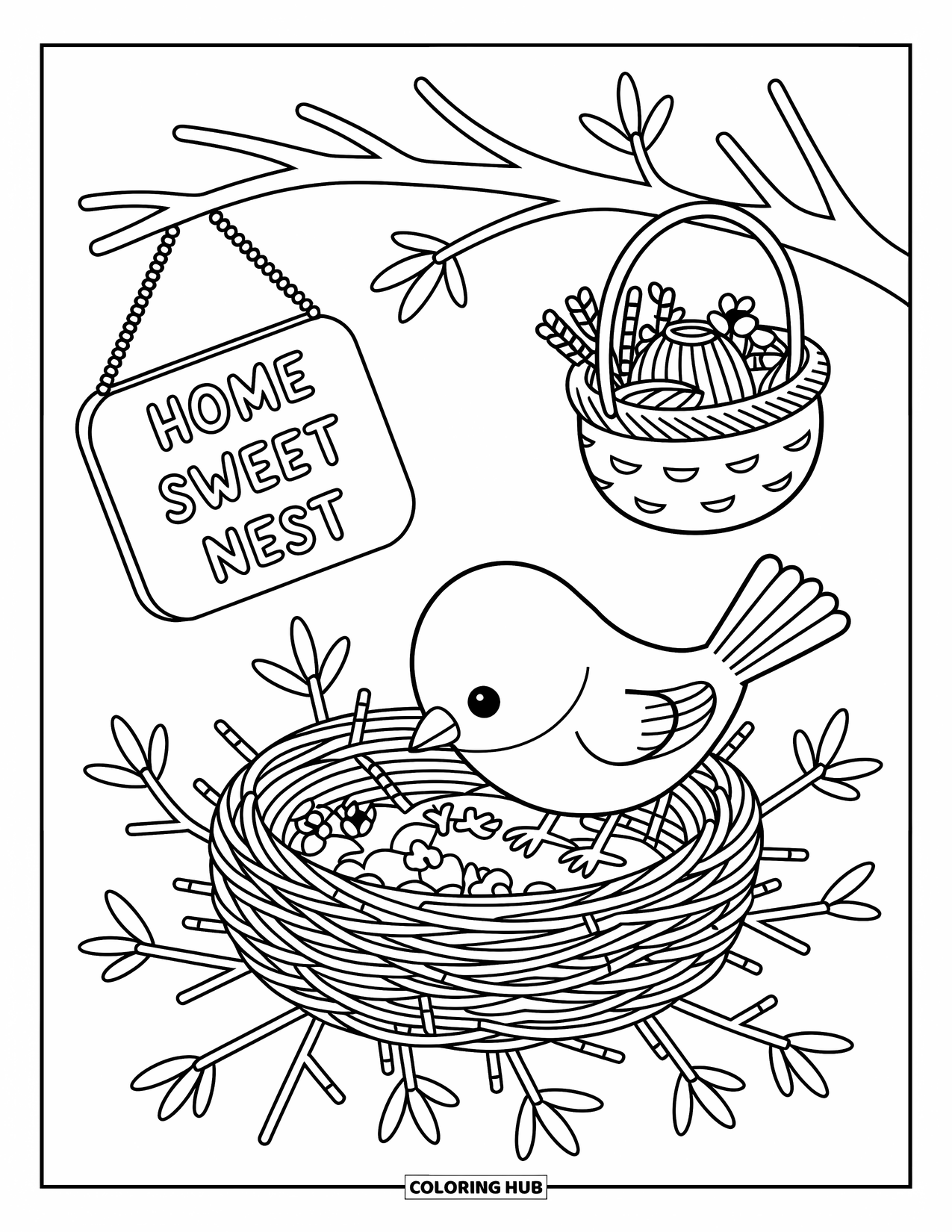 Vogel Ausmalbild für Erwachsene: Vogel bastelt ein Nest mit Blütenblättern, Garn und einem süßen Hausschild