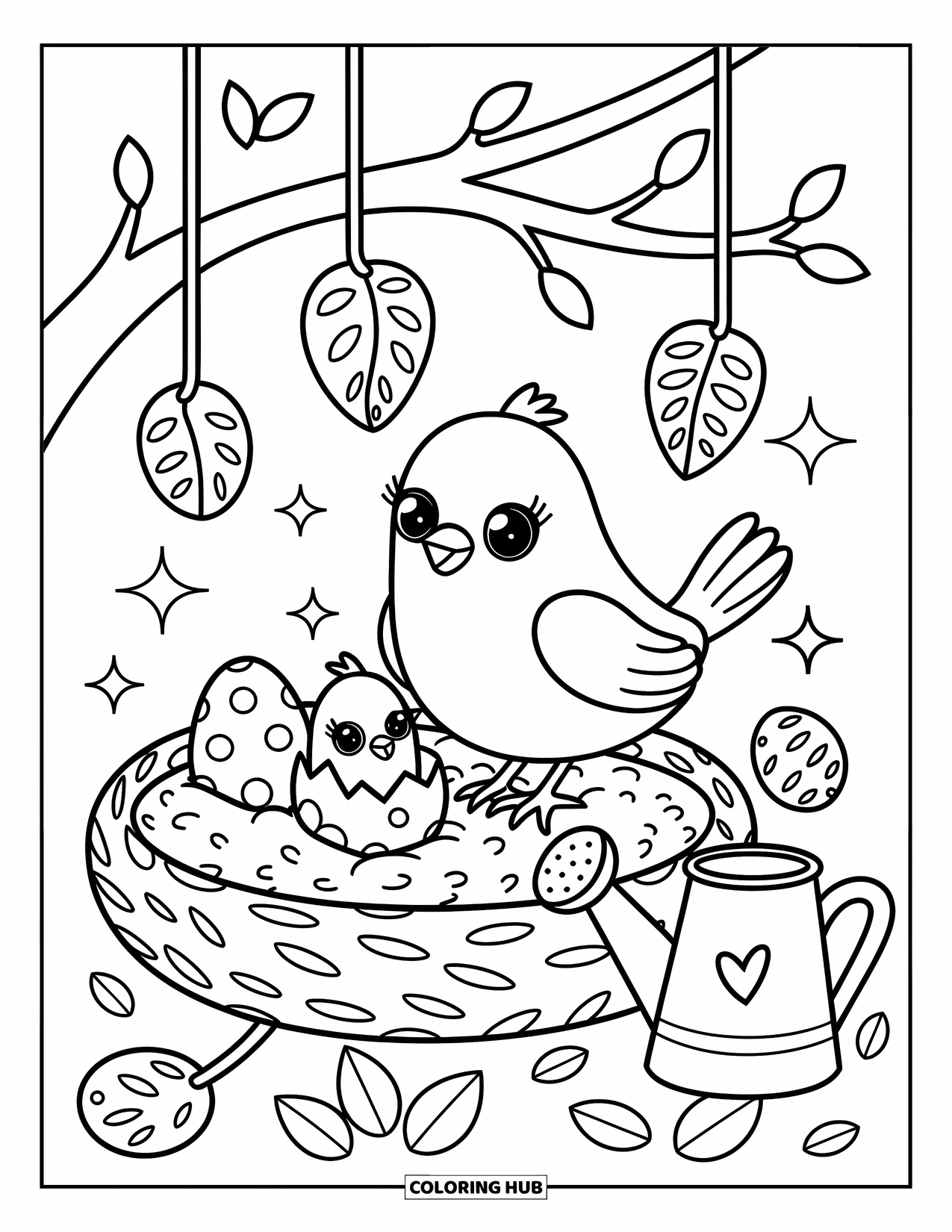 Vogel Ausmalbild für Erwachsene: Vogel in einem gemütlichen Nest mit verzierten Eiern und einem neugierigen Schlüpfling
