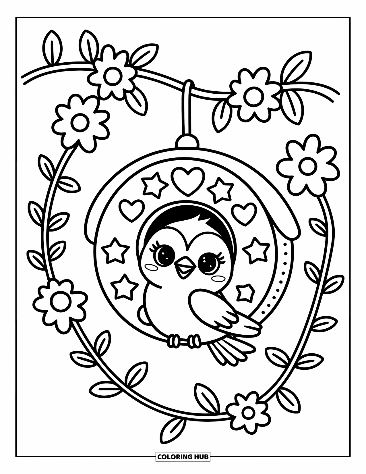 Vogel Ausmalbild für Erwachsene: Vogel blickt aus einem gemütlichen Vogelhaus mit Herzen und Sternen