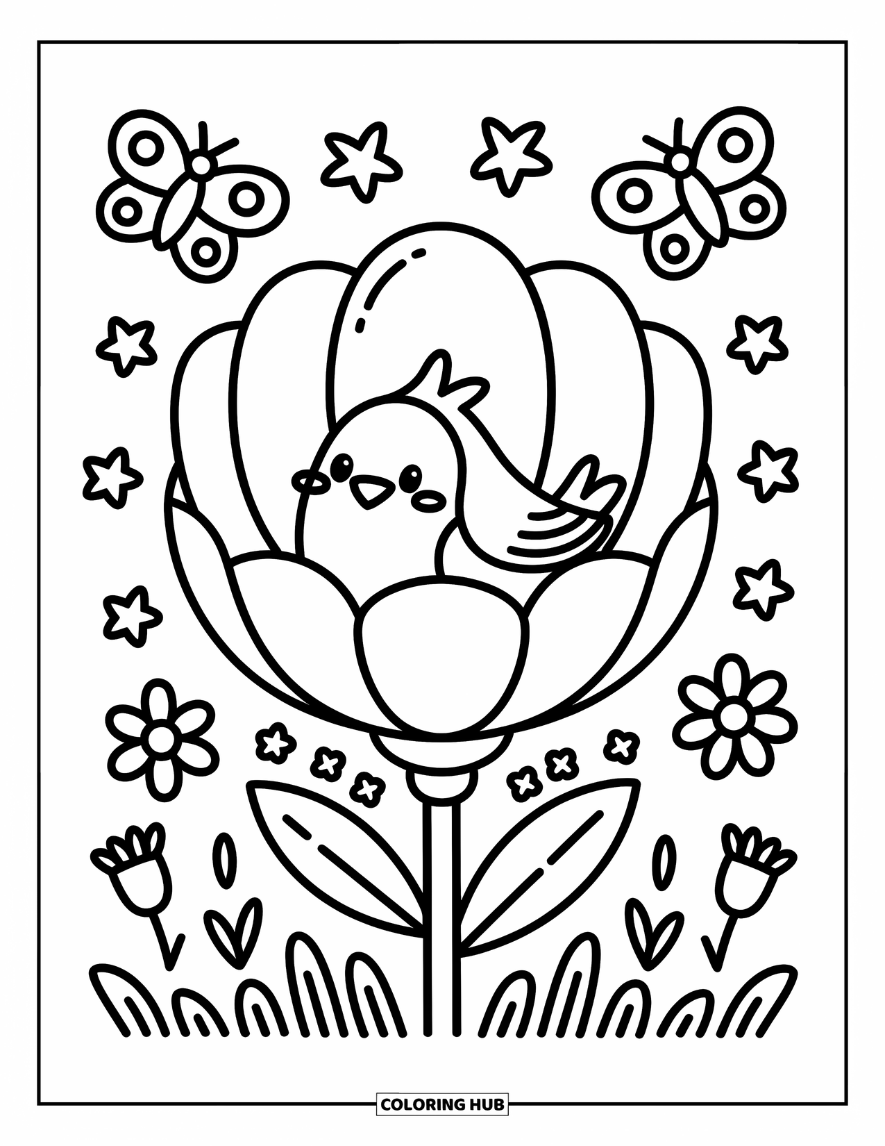 Vogel Ausmalbild für Erwachsene: Vogel kuschelt sich in eine Blume, umgeben von Schmetterlingen und winzigen Blüten