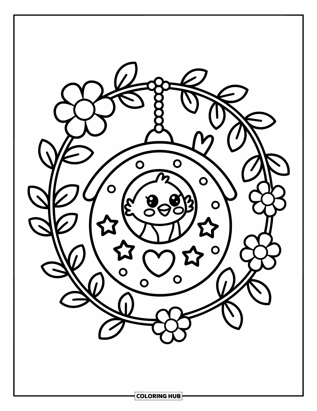 Vogel Ausmalbild für Erwachsene: Vogel späht aus einem herzverzierten Vogelhaus auf einem mit Ranken umwickelten Ast