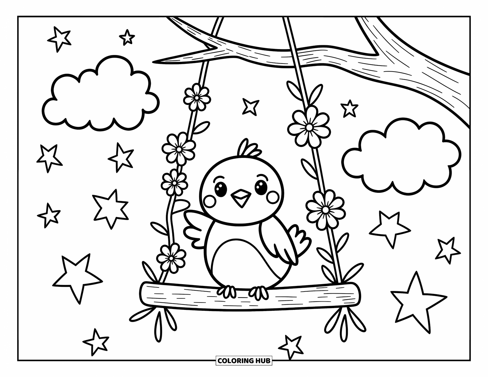 Vogel Ausmalbild für Erwachsene: Vogel sitzt auf einer Blumenschaukel, umgeben von Sternen und Wolken