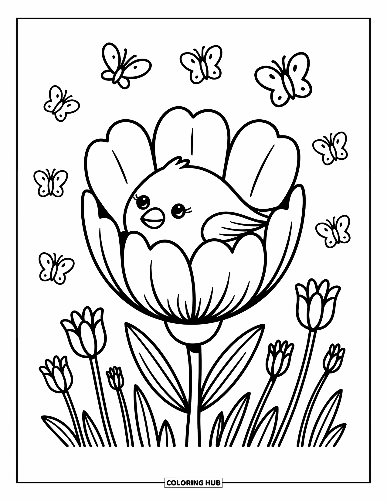 Vogel Ausmalbild für Erwachsene: Vogel ruht in einer großen Blume, während Schmetterlinge sanft herumflattern