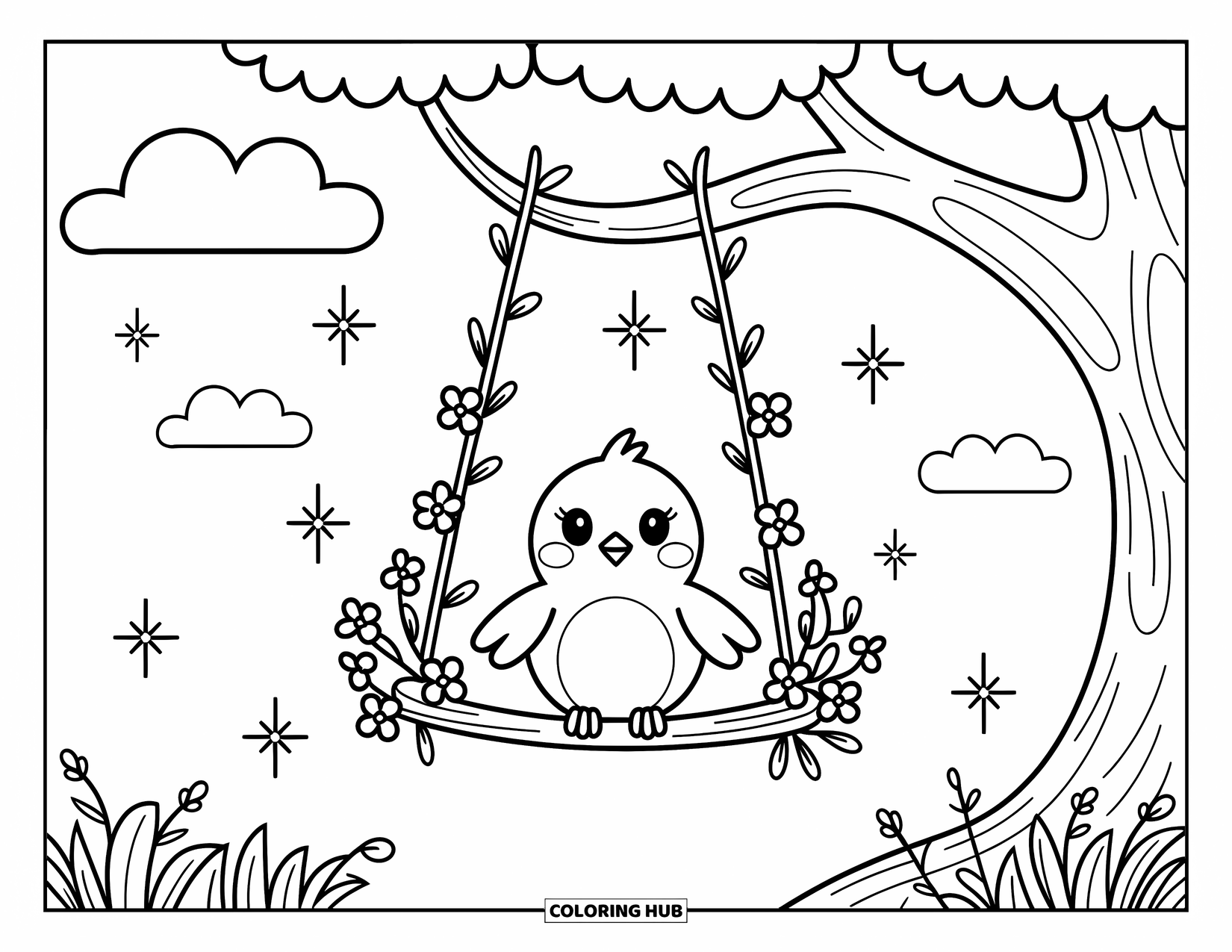 Vogel Ausmalbild für Erwachsene: Vogel sitzt auf einer Zweigschaukel mit Blumen und einem verträumten Himmel