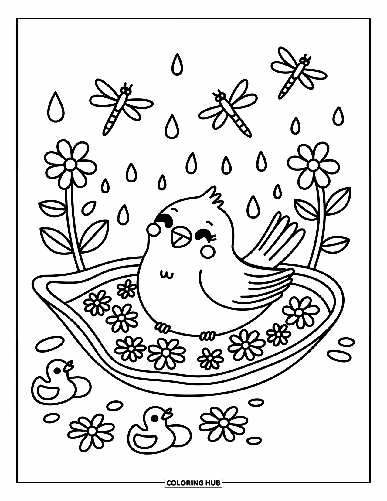 Vogel Ausmalbild für Erwachsene: Vogel planscht in einer blattförmigen Wanne mit Blumen und Gummienten