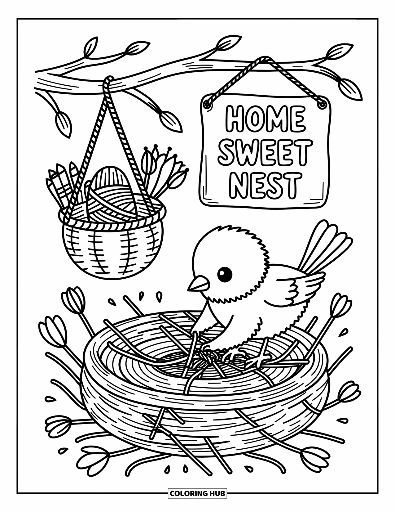 Vogel Ausmalbild für Erwachsene: Vogel webt ein Nest mit Blütenblättern und Garn neben einem Schild mit der Aufschrift „Home Sweet Nest“
