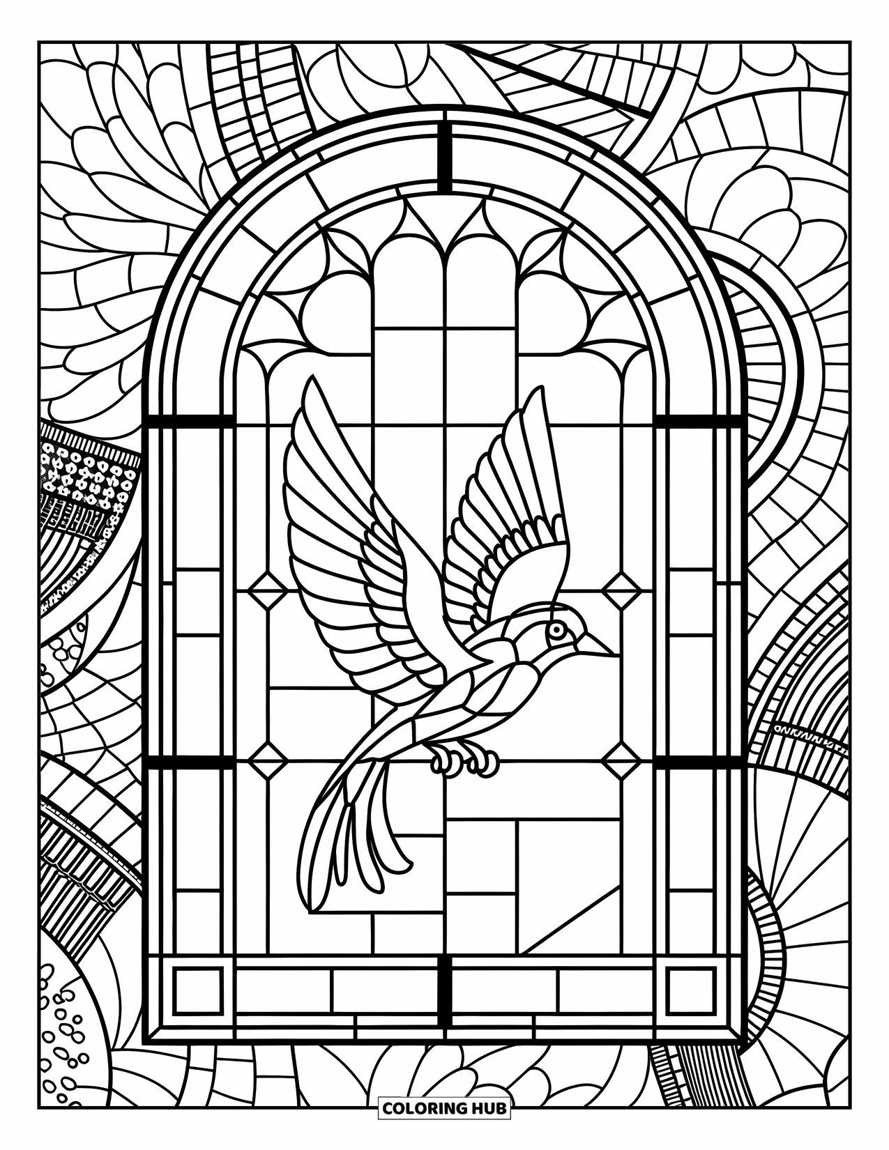 Vogel Ausmalbild für Erwachsene: Vogel mit offenen Flügeln, umrahmt von detailliertem Buntglas und Mustern