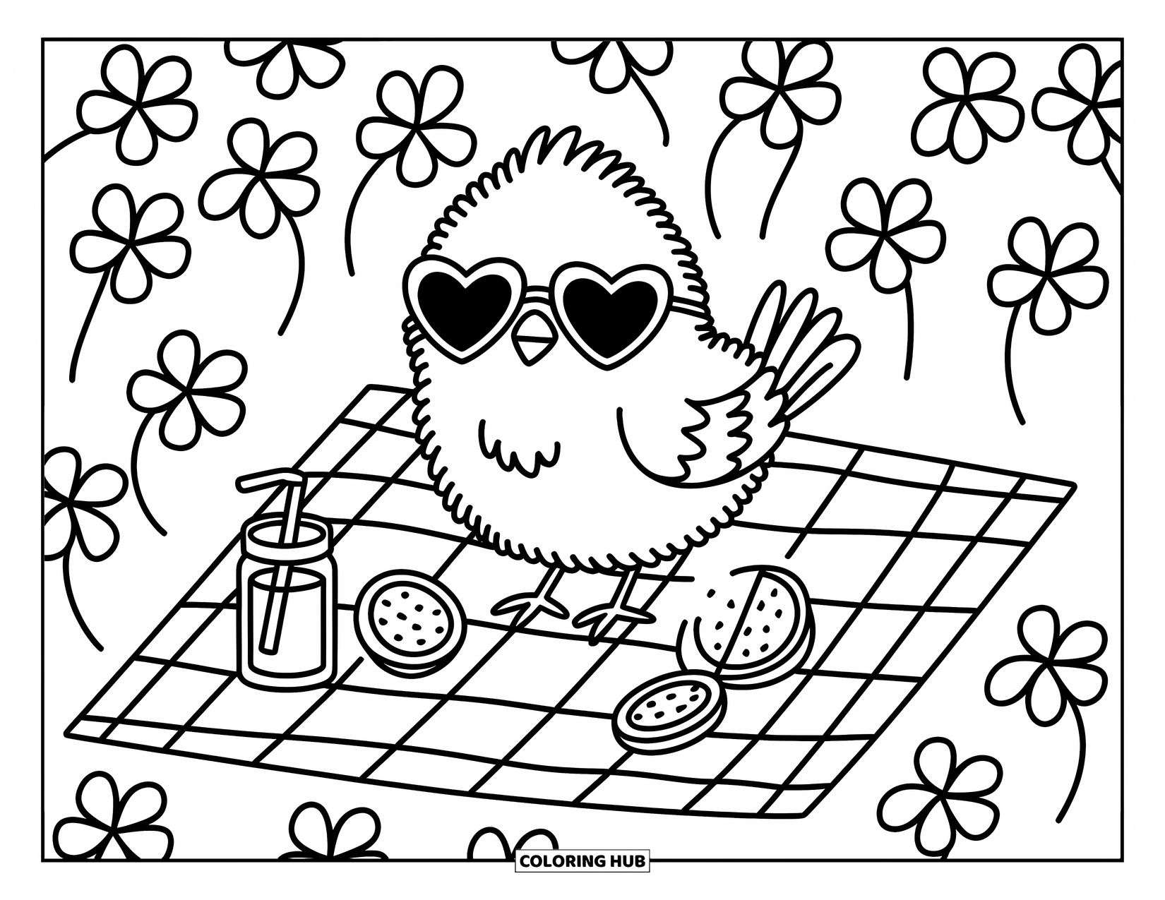 Vogel Ausmalbild für Erwachsene: Vogel mit winziger Sonnenbrille genießt ein Kleefeld-Picknick mit Obst und Saft