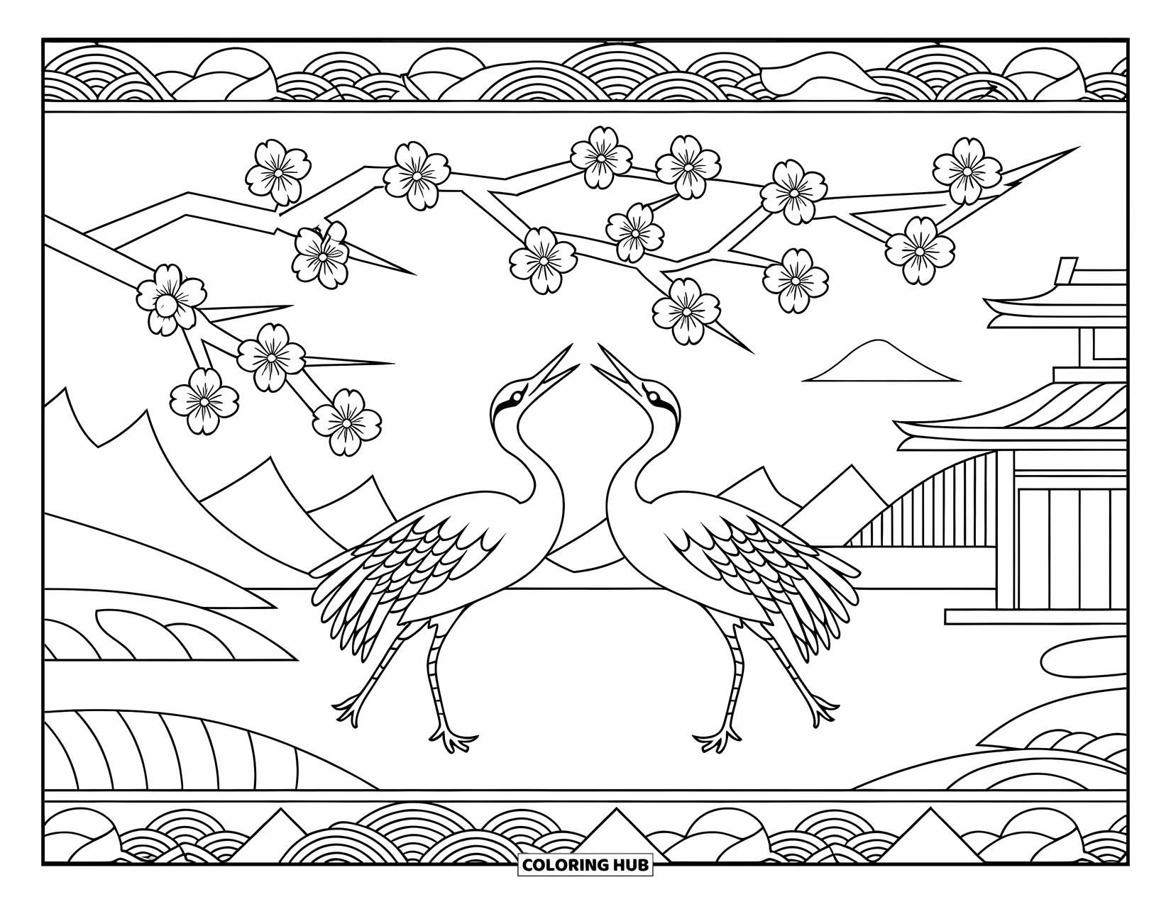 Vogel Ausmalbild für Erwachsene: Kraniche tanzen unter Blüten mit einem malerischen Berg- und Wasserhintergrund