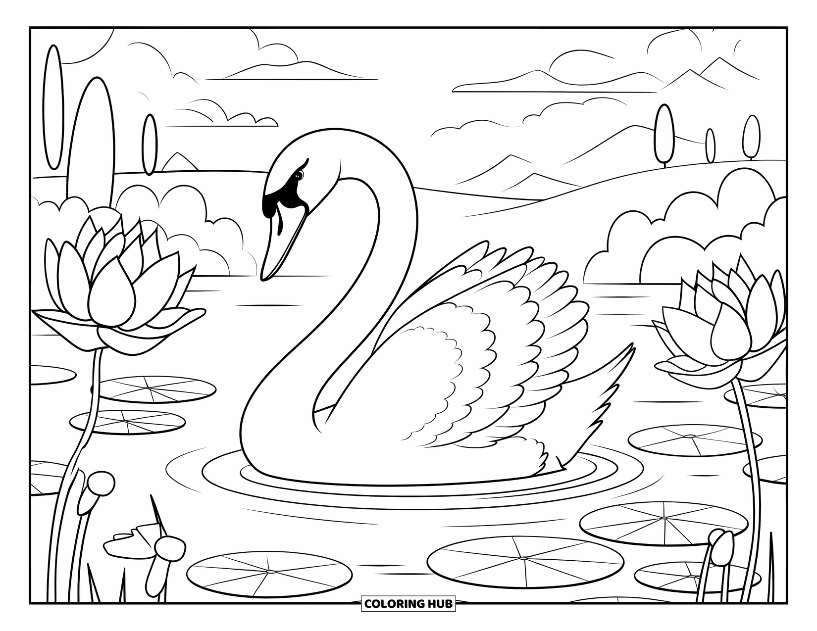Vogel Ausmalbild für Erwachsene: Schwan mit gebogenem Hals ruht auf einem See mit Lotusblumen und einer malerischen Kulisse
