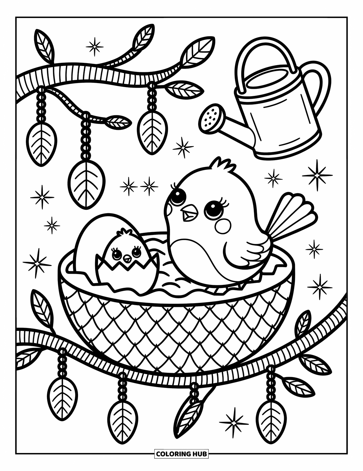 Vogel Ausmalbild für Erwachsene: Süßer Vogel an einem Nest mit Eiern, eines aufgebrochen mit einem Blick hinein