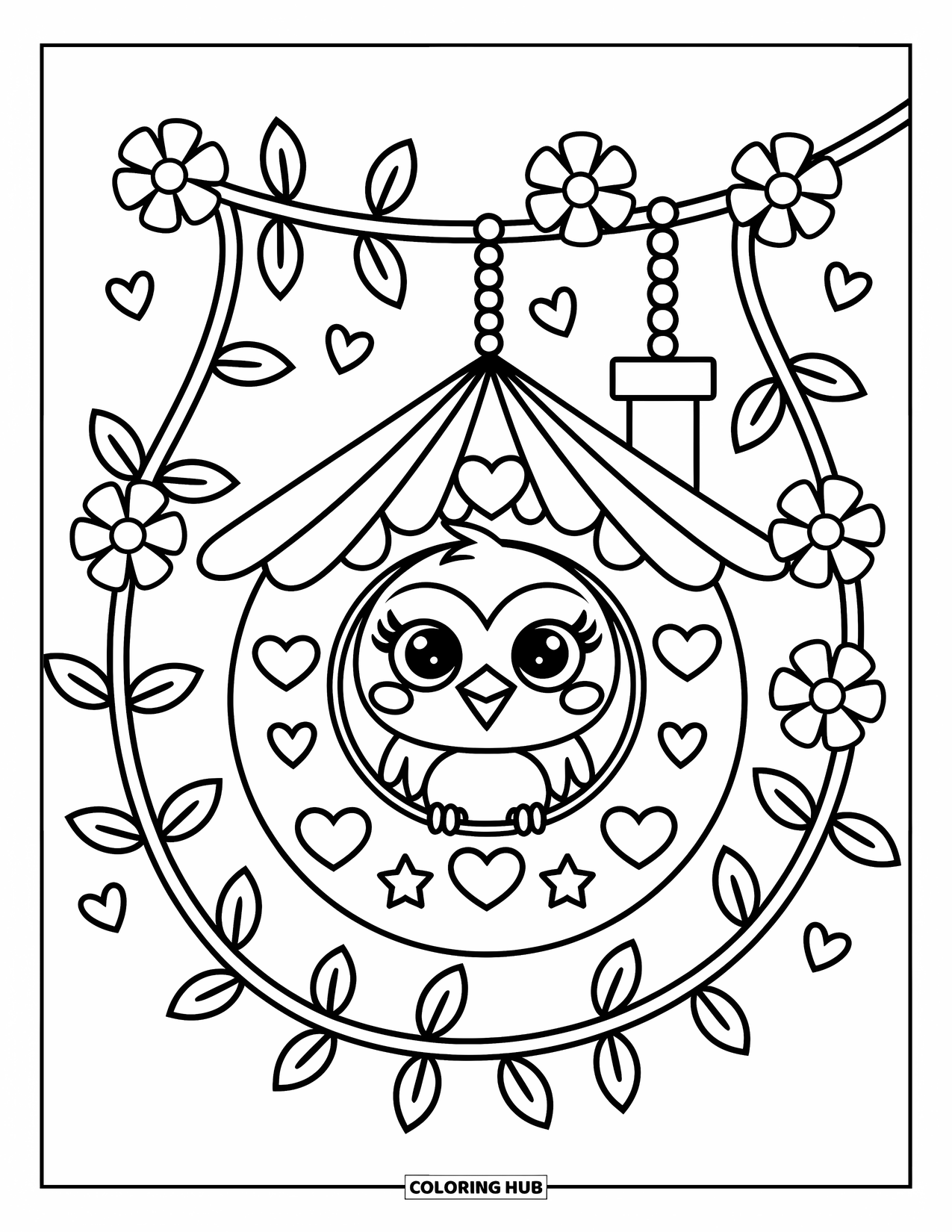 Vogel Ausmalbild für Erwachsene: Süßer Vogel späht aus einem runden Vogelhaus, das mit Blumen und Ranken umwickelt ist