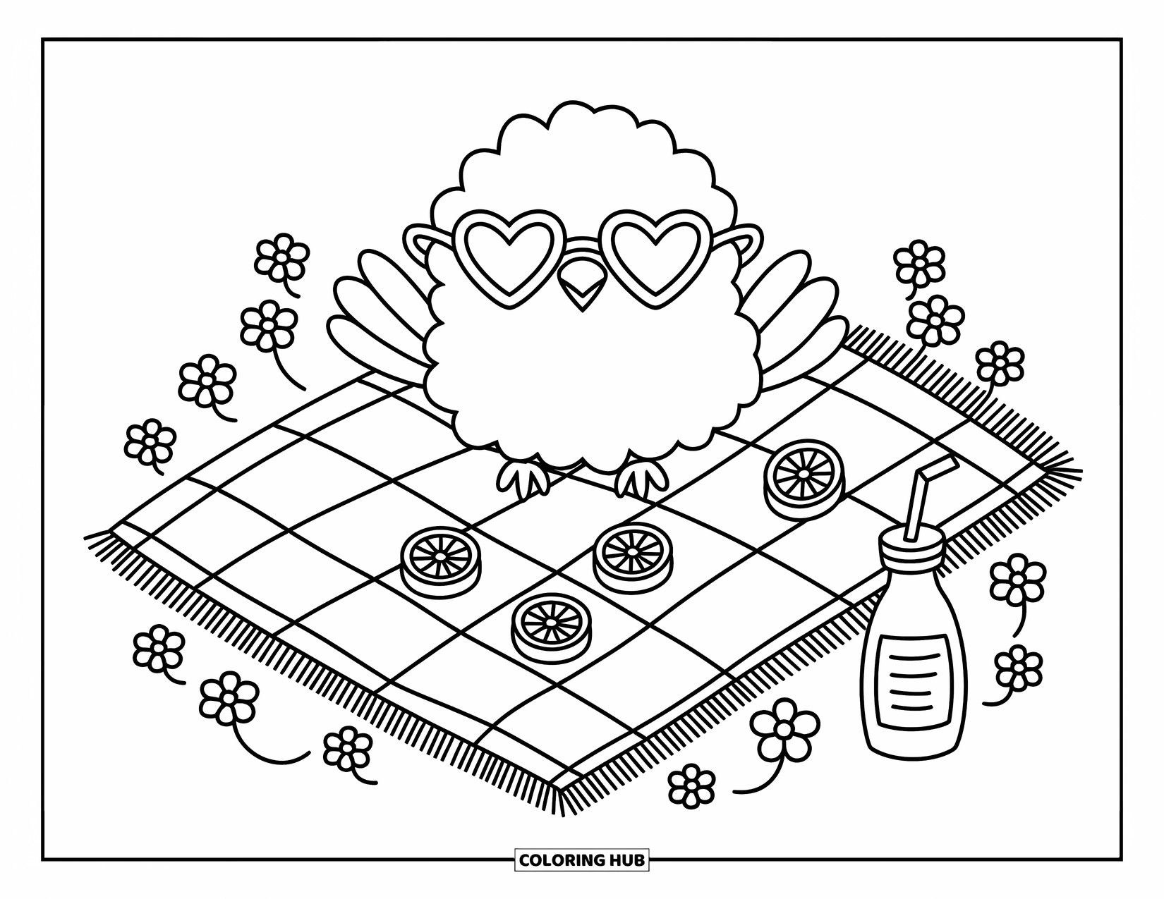 Vogel Ausmalbild für Erwachsene: Süßer Vogel mit Herzchenbrille ruht auf einer Picknickdecke in der Nähe von Obst und Saft