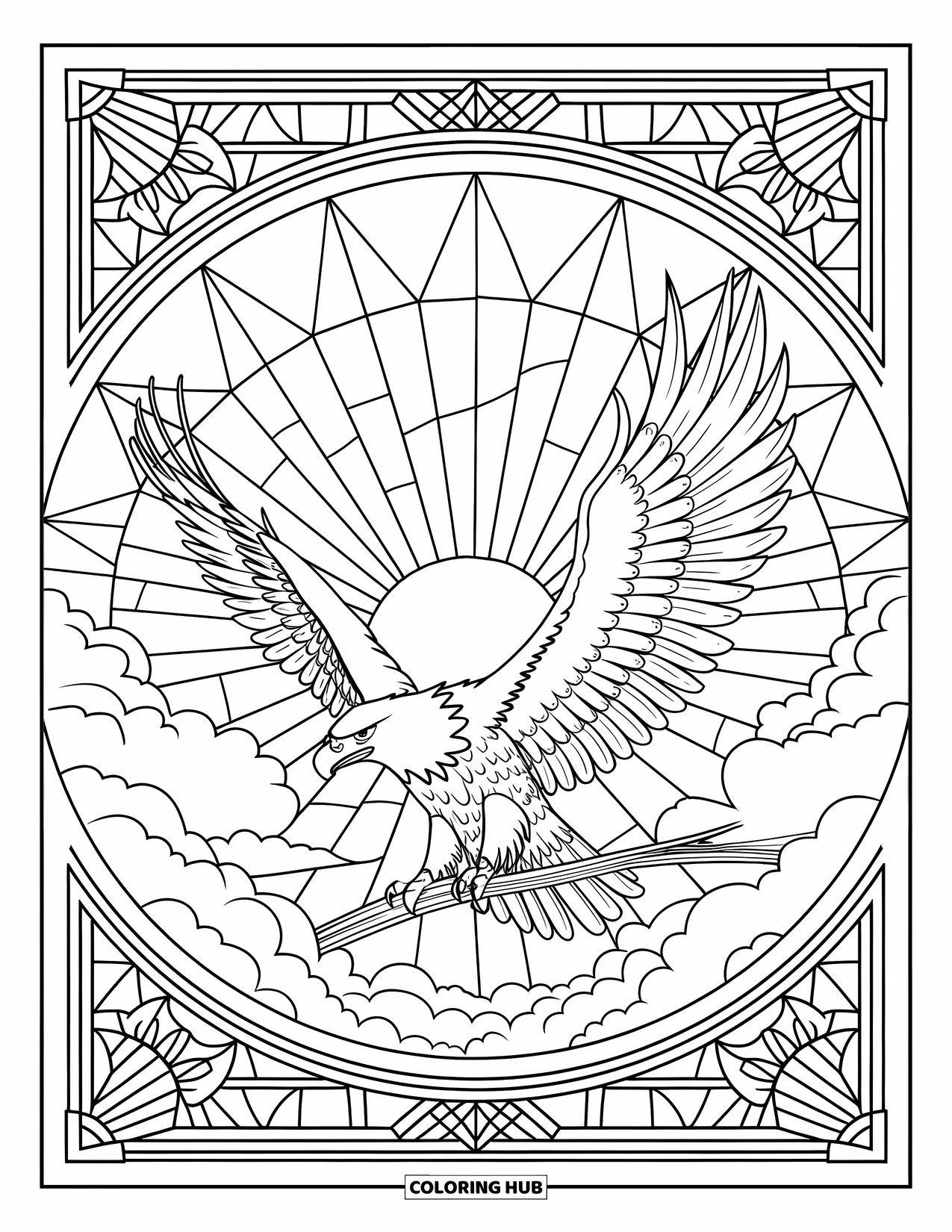 Vogel Ausmalbild für Erwachsene: Adler auf einem Ast mit geometrischen Strahlen und dekorativen Bordüren