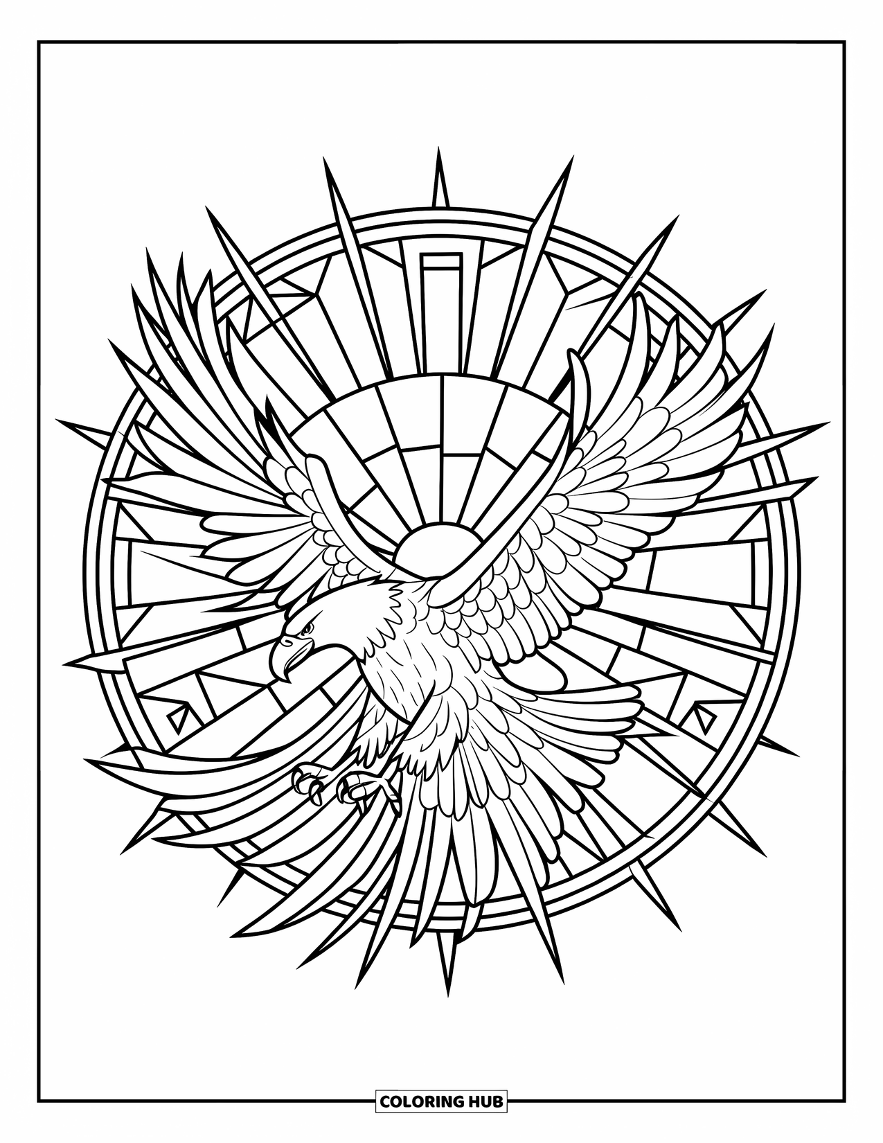 Vogel Ausmalbild für Erwachsene: Adler schwebt in strahlenden Strahlen im Buntglasstil und geometrischen Formen