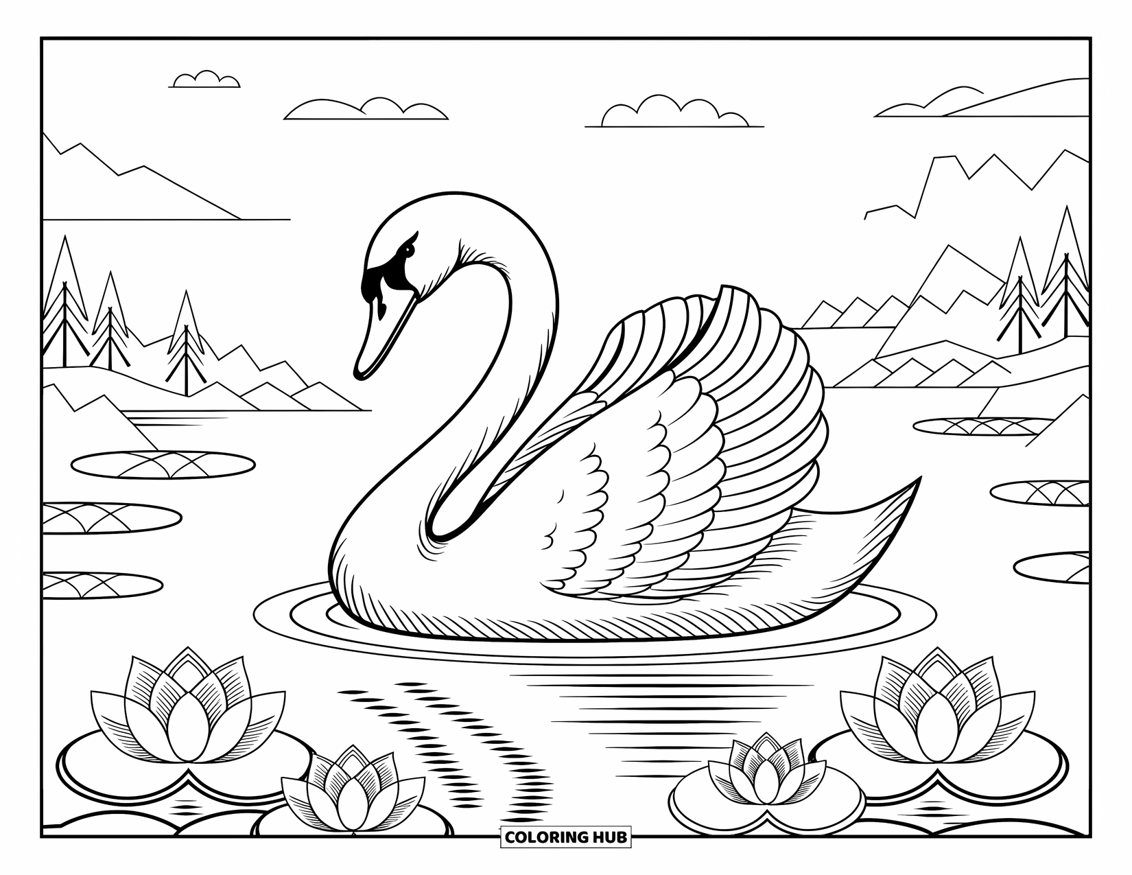 Vogel Ausmalbild für Erwachsene: Anmutiger Schwan schwimmt zwischen Lotusblumen mit Bergen und Wolken im Hintergrund
