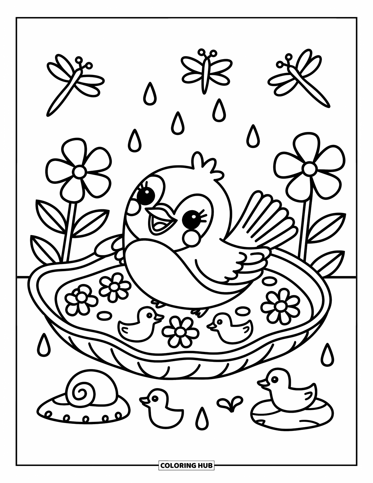 Vogel Ausmalbild für Erwachsene: Glücklicher Vogel in einer Blätterwanne mit Entchen, Blumen und verspielten Käfern