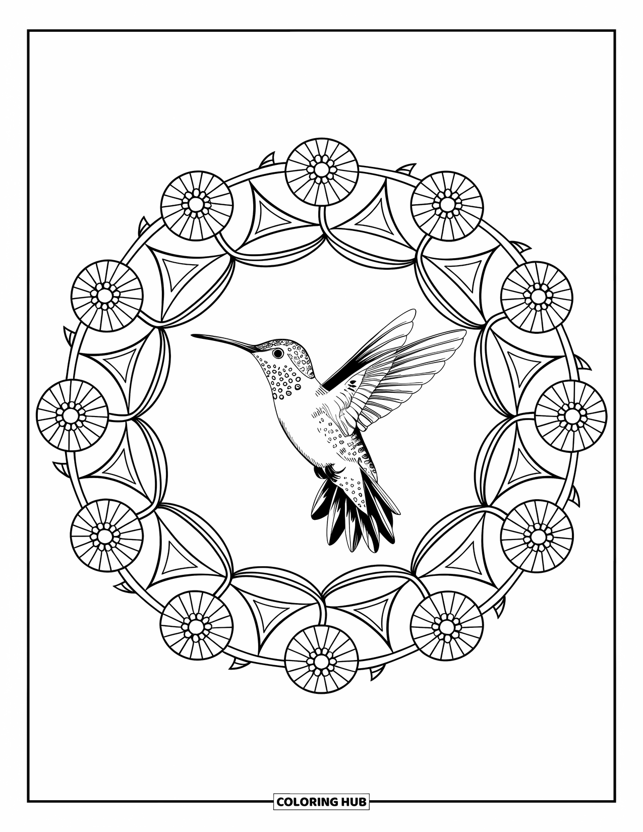 Vogel Ausmalbild für Erwachsene: Kolibri fliegt innerhalb spiralförmiger Mandala-Ringe aus Blumen und Formen