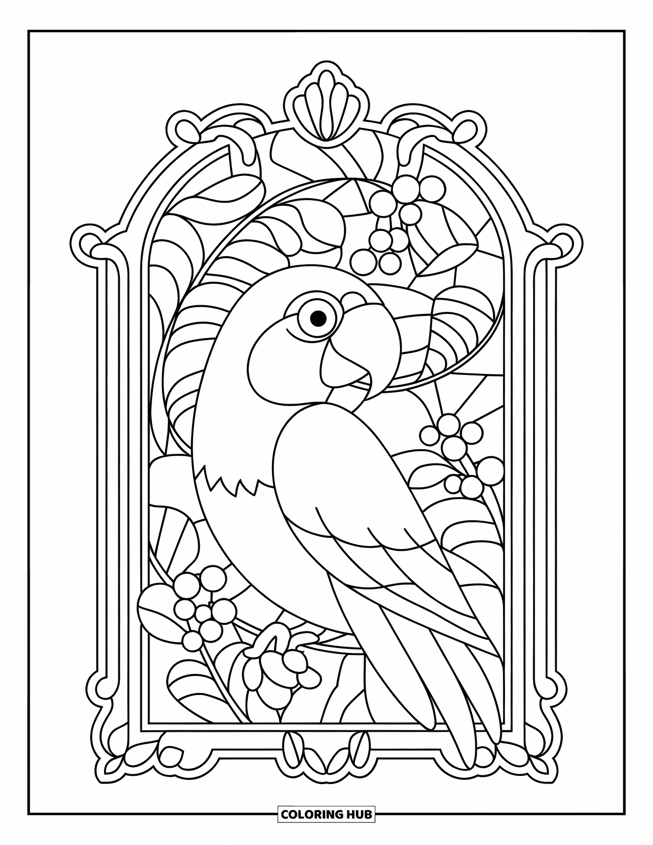 Vogel Ausmalbild für Erwachsene: Papagei sitzt in einem Dschungel-Buntglasrahmen