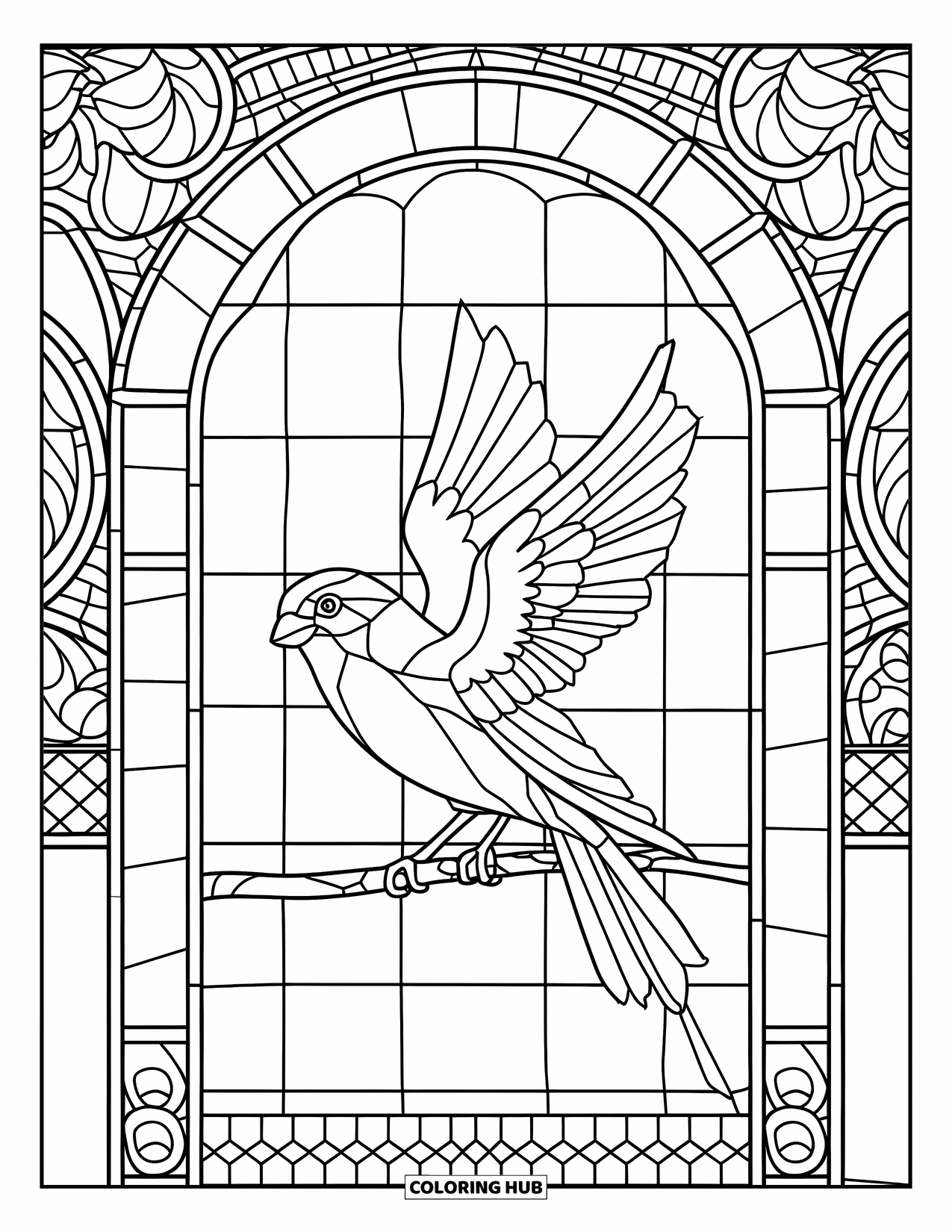Vogel Ausmalbild für Erwachsene: Sitzender Vogel mit offenen Flügeln in einem Fenster im Buntglasstil