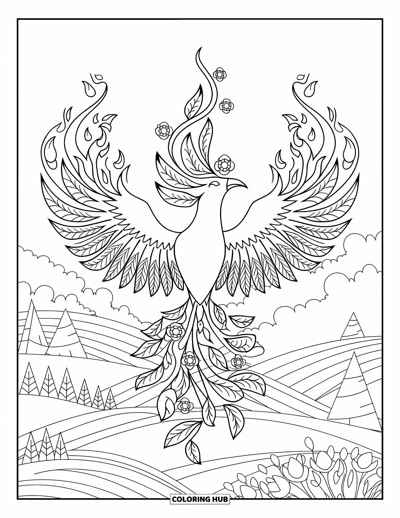 Vogel Ausmalbild für Erwachsene: Phönix steigt auf, wobei sich Flammenfedern zu floralen Formen kräuseln