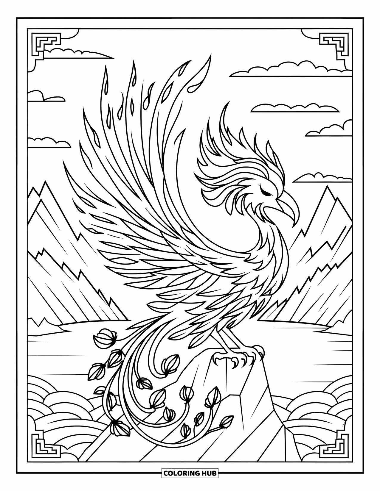 Vogel Ausmalbild für Erwachsene: Phönix thront stolz mit flammenden floralen Federn und einem malerischen Bergsee