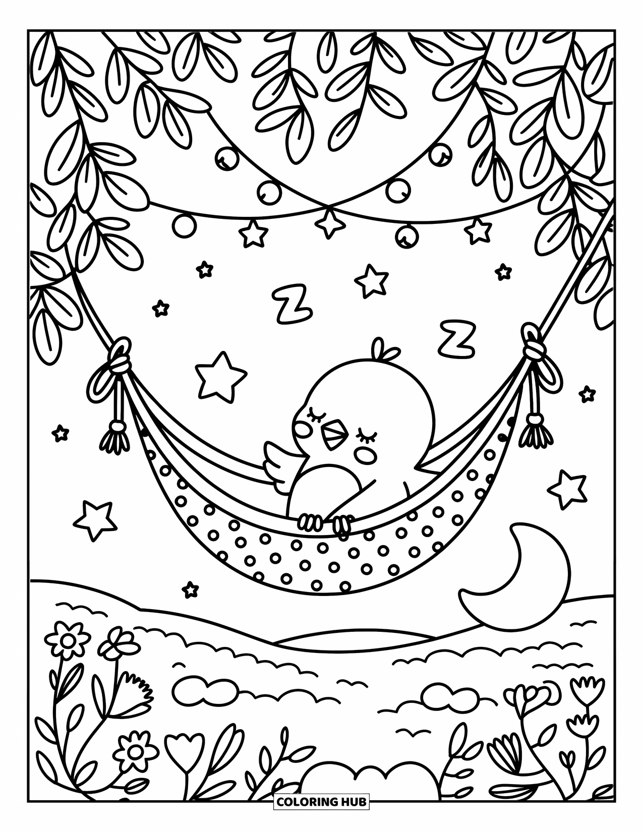 Vogel Ausmalbild für Erwachsene: Verschlafener Vogel in einer Hängematte mit einem Mondkissen und Lichterketten