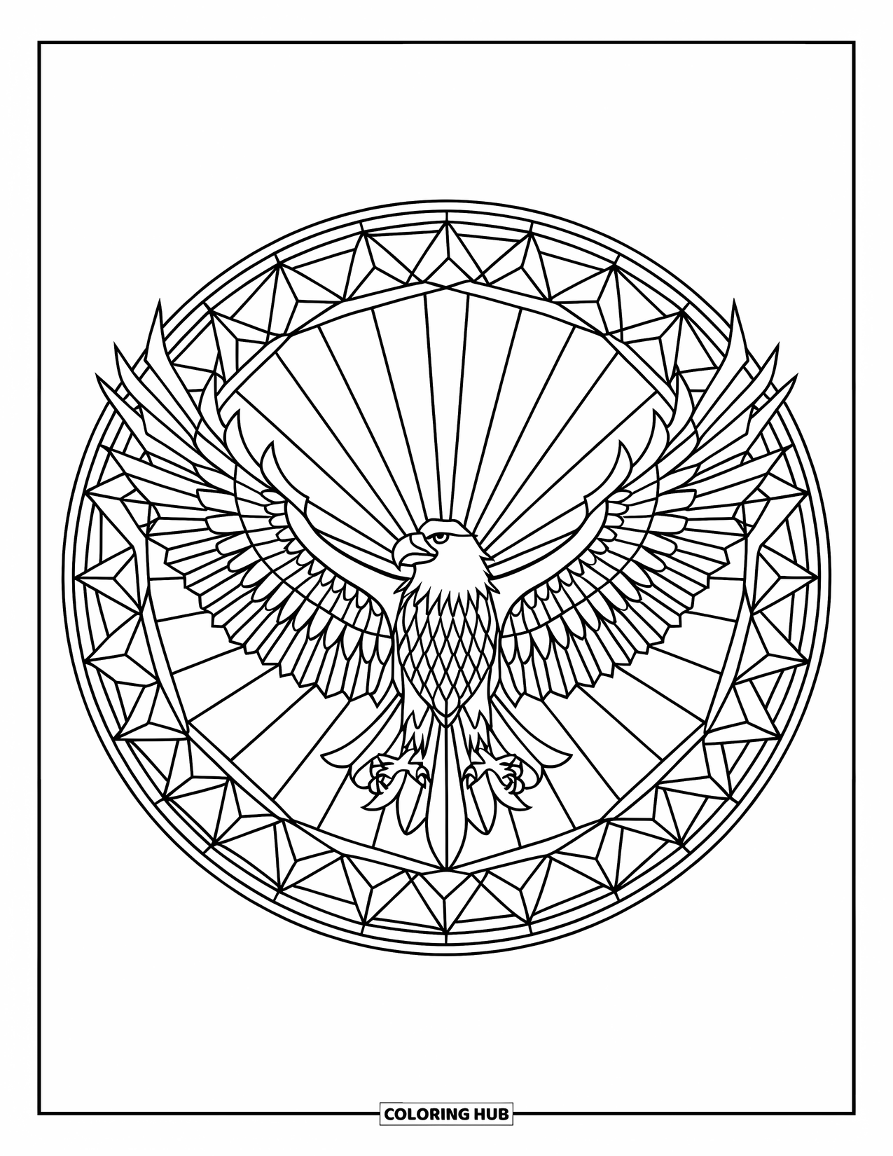 Vogel Ausmalbild für Erwachsene: Aufsteigender Adler, umgeben von komplizierten Strahlen im Buntglasstil