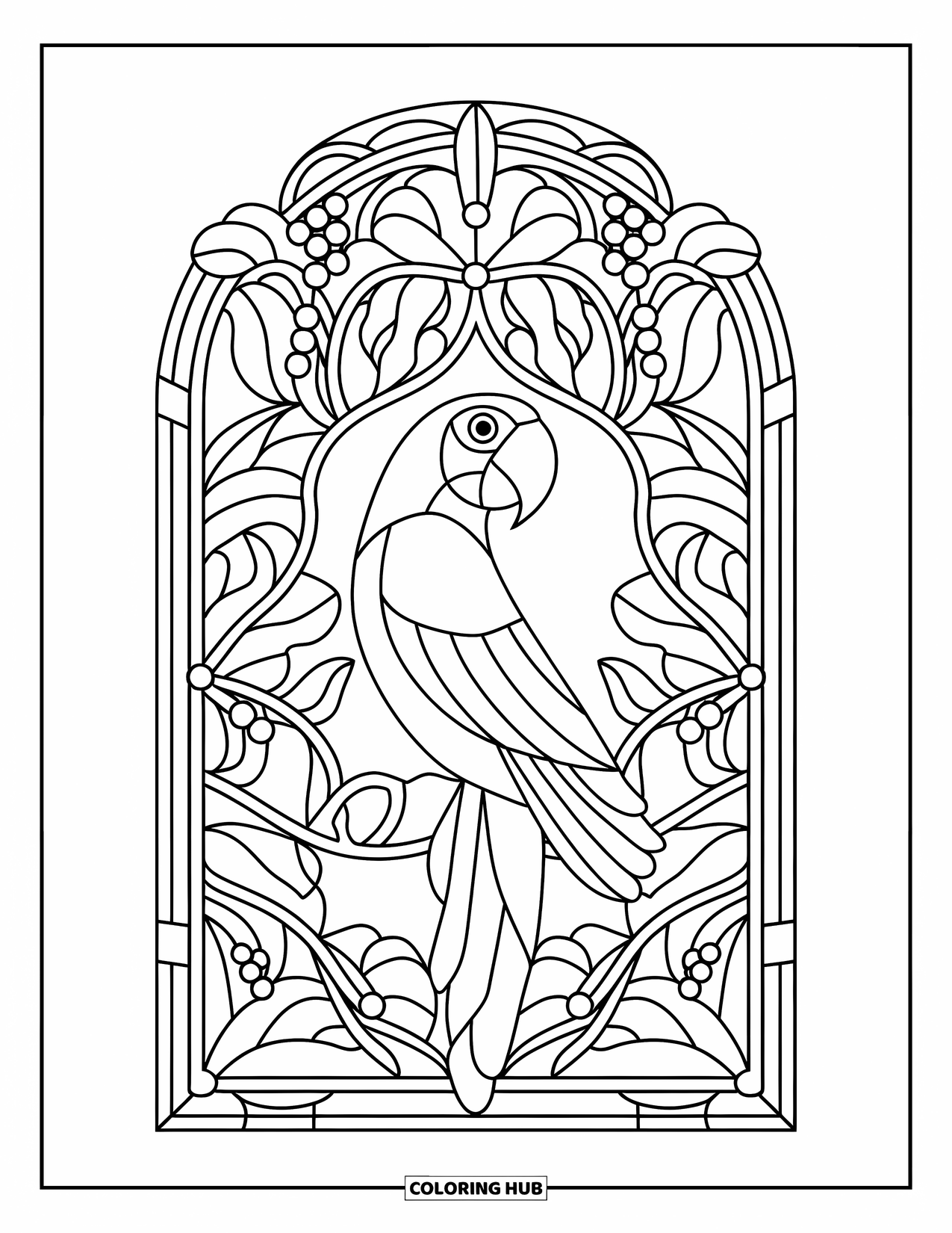 Vogel Ausmalbild für Erwachsene: Stilisierter Papagei, umrahmt von Dschungelblättern und Ranken im Buntglasstil