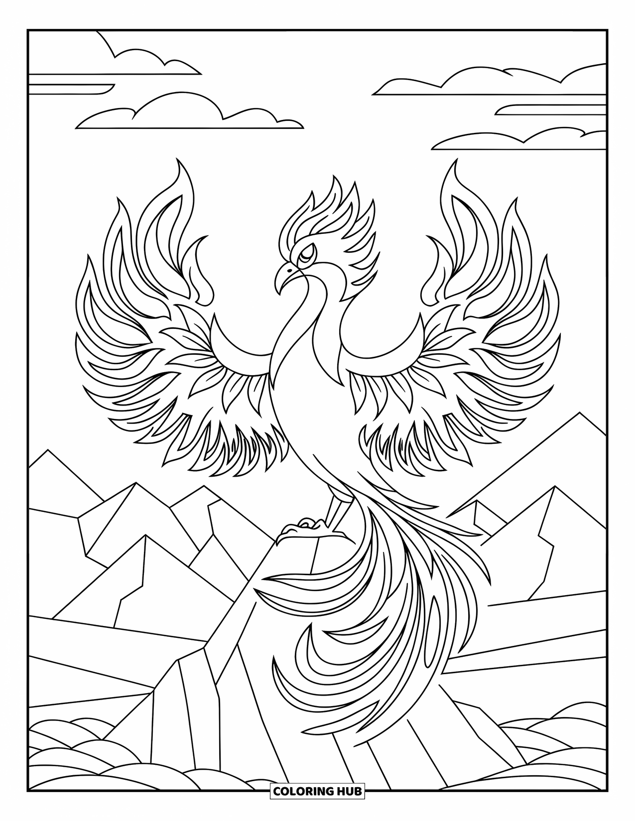 Vogel Ausmalbild für Erwachsene: Stilisierter Phönix auf einem Felsen, dessen Flammen sich in Blumen verwandeln