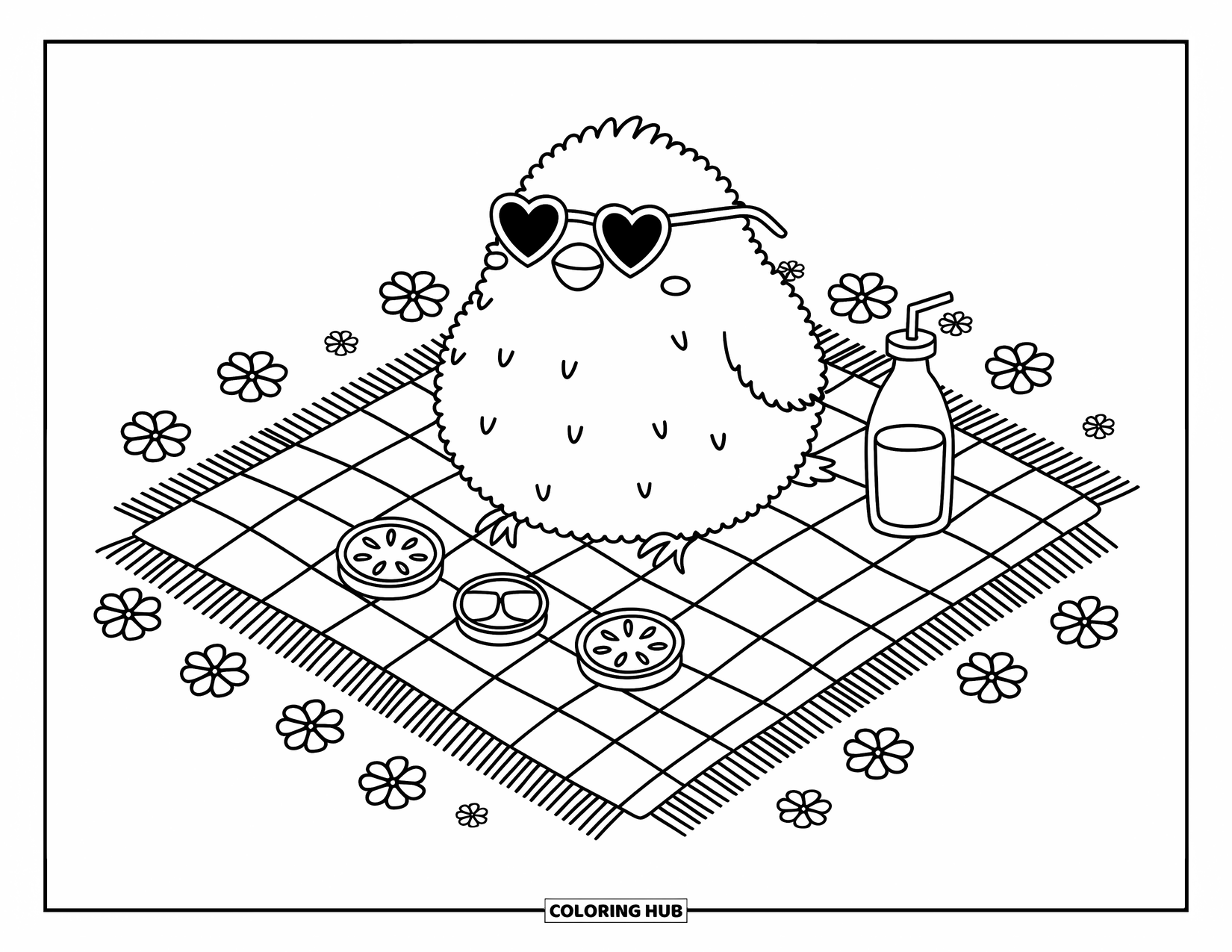 Vogel Ausmalbild für Erwachsene: Vogel an einem sonnigen Tag mit Herzchenbrille auf einer Picknickdecke mit Leckereien