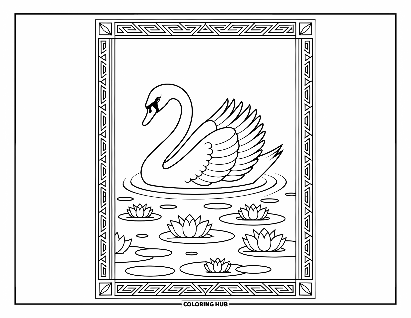 Vogel Ausmalbild für Erwachsene: Schwan auf friedlichem Wasser, umrahmt von Lotusblumen und einer einfachen dekorativen Bordüre