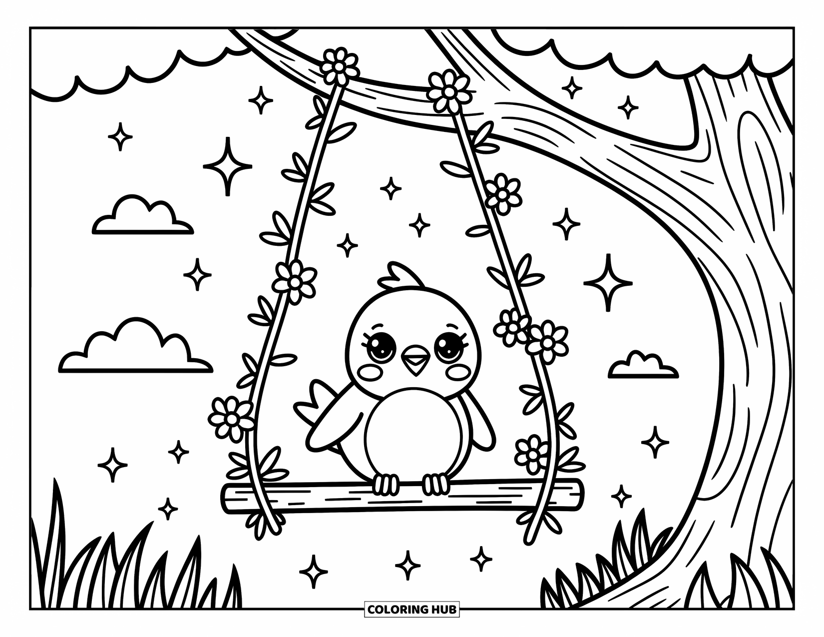 Vogel Ausmalbild für Erwachsene: Skurriler Vogel auf einer Schaukel mit funkelnden Sternen und flauschigen Wolken