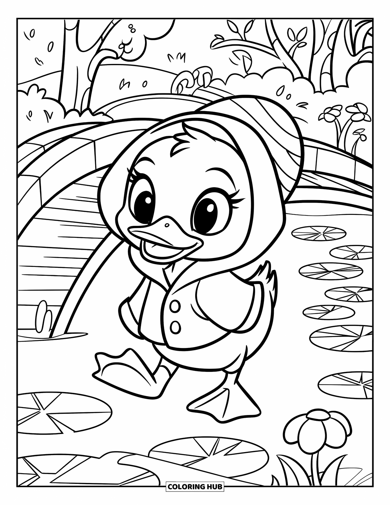 Vogel Ausmalbild für Kinder: Entenbaby in einem Regenmantel, das an einem Teich und einer Brücke entlangwatschelt