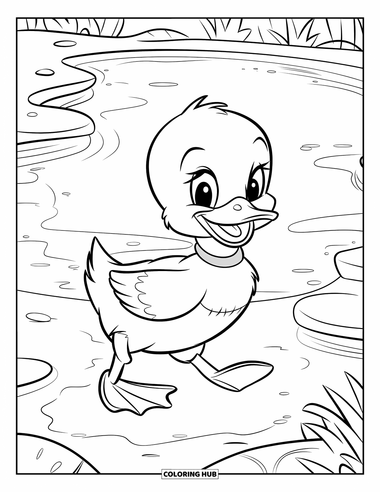 Vogel Ausmalbild für Kinder: Entenbaby mit Halsband geht in der Nähe eines Teiches und eines felsigen Weges