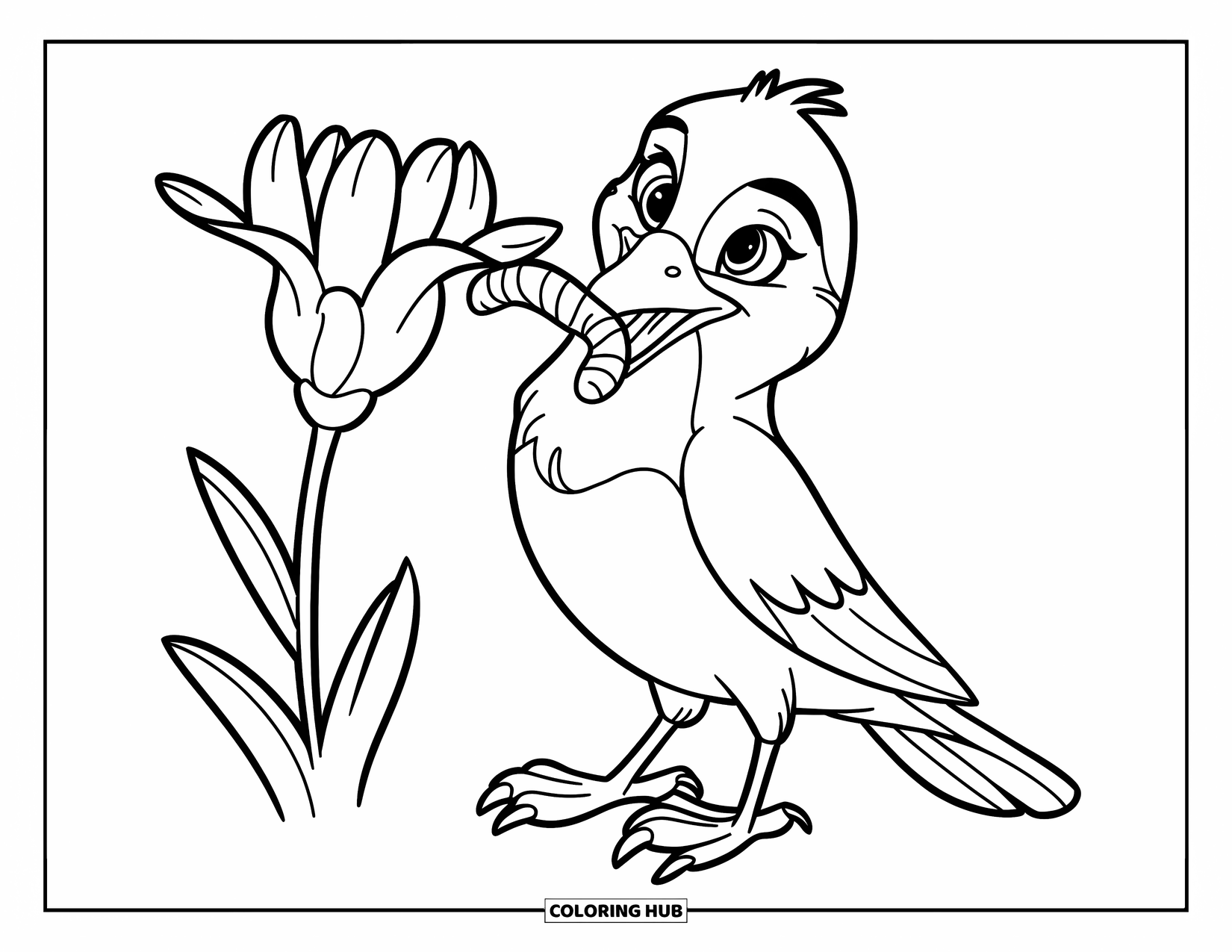 Vogel Ausmalbild für Kinder: Vogel hält einen Wurm neben einer blühenden Blume