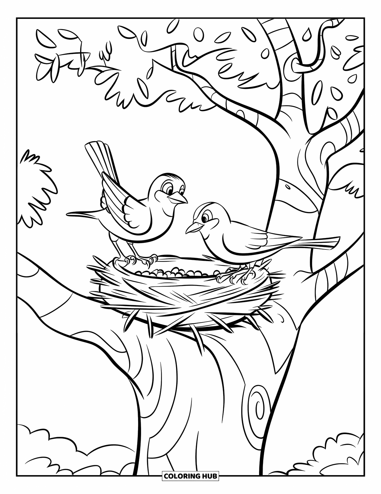 Vogel Ausmalbild für Kinder: Vogelpaar arbeitet an einem Nest in einem belaubten Baum