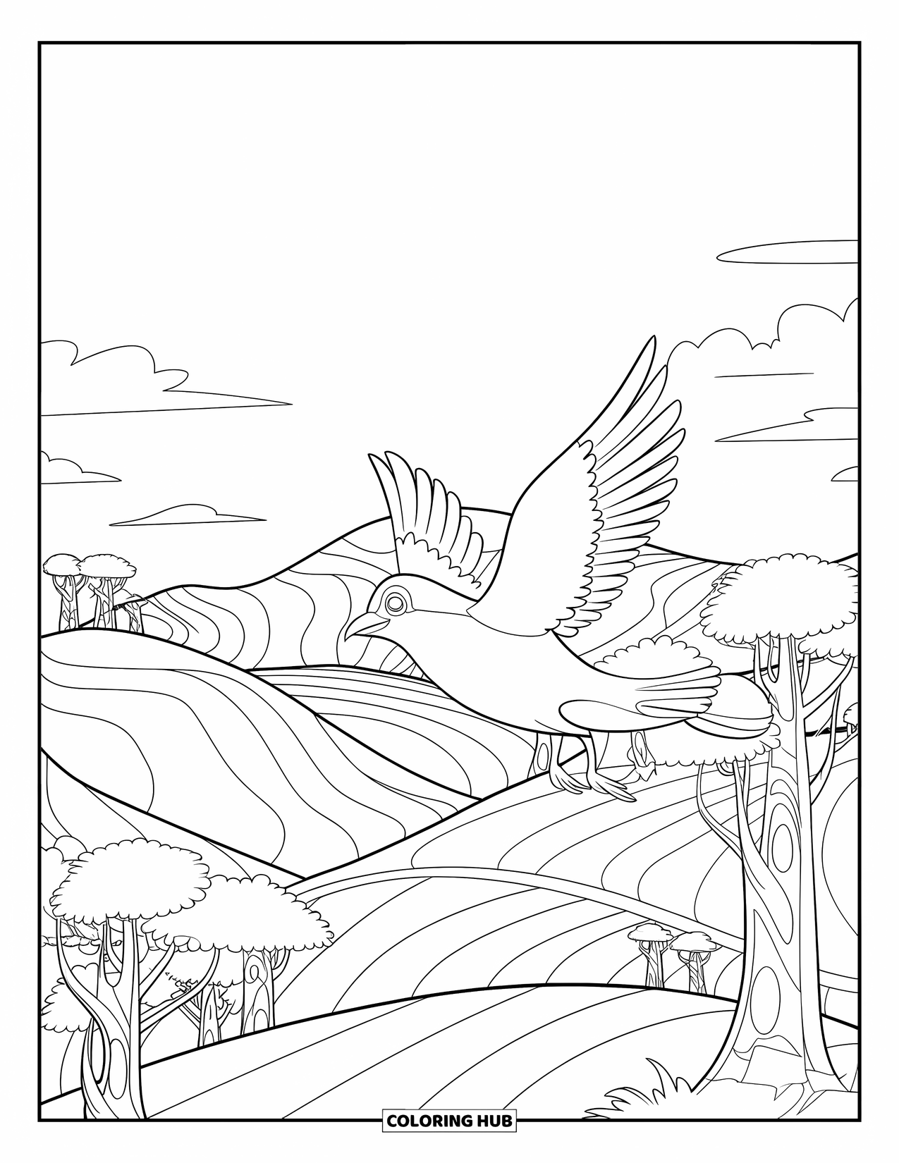 Vogel Ausmalbild für Kinder: Vogel sitzt über einem Tal mit gewundenen Straßen und sanften Hügeln