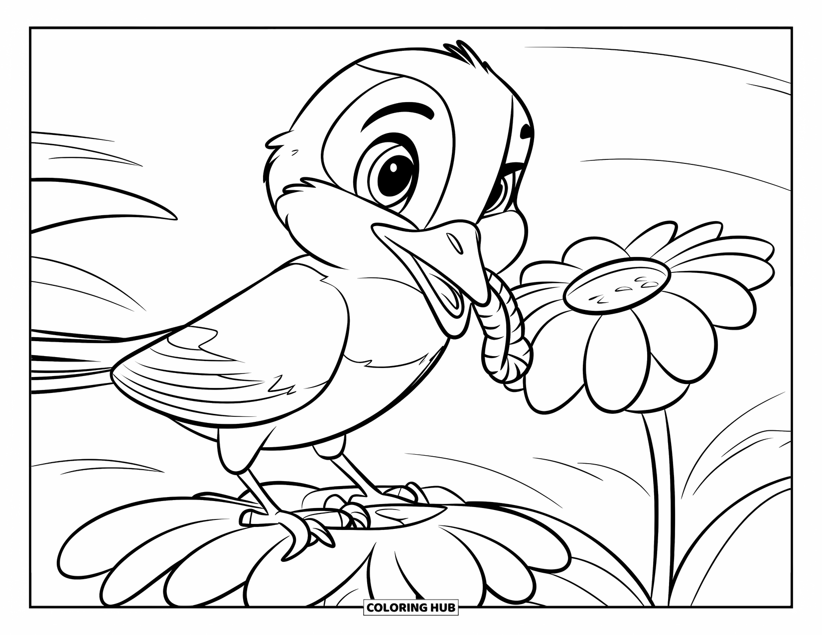 Vogel Ausmalbild für Kinder: Vogel sitzt auf einer Blume mit einem Wurm im Schnabel