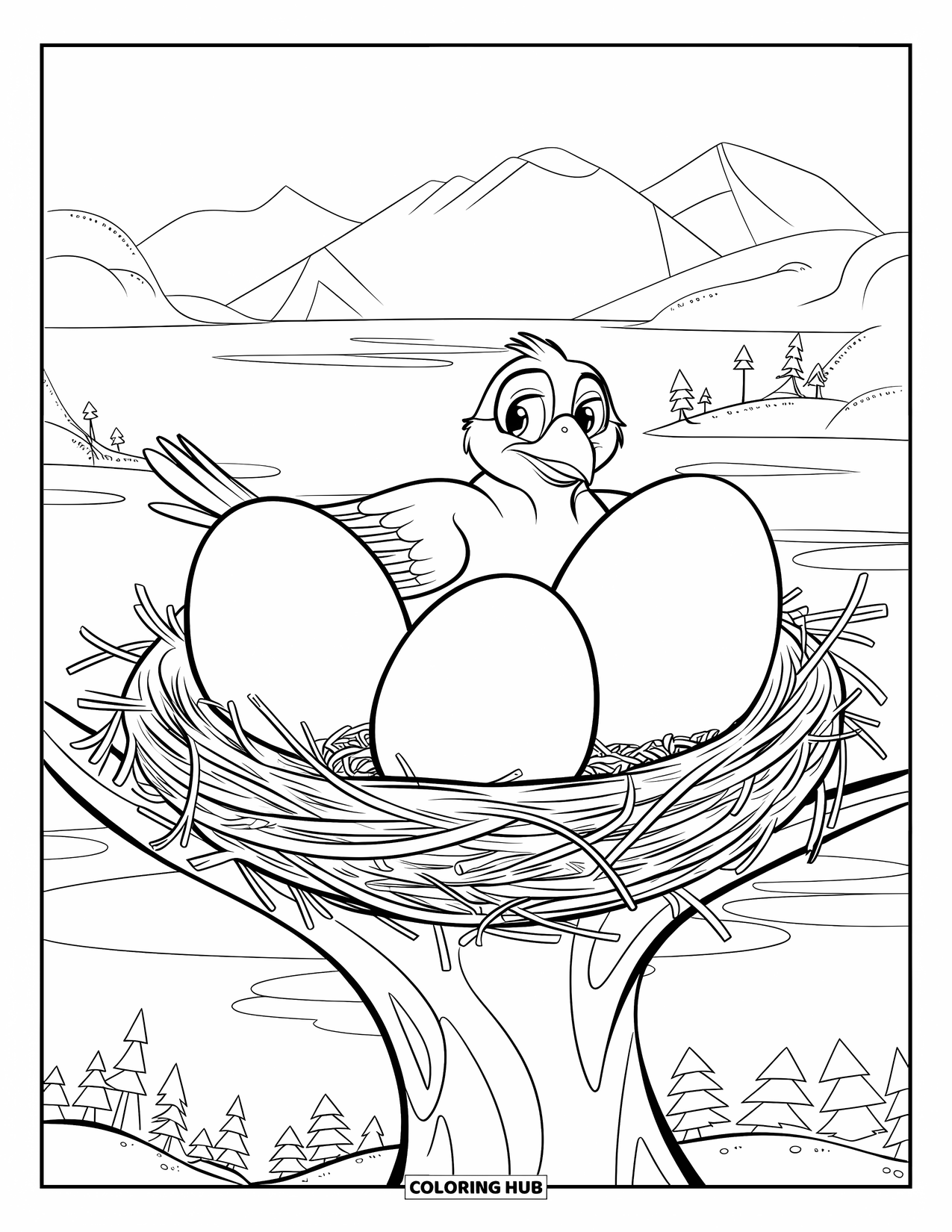 Vogel Ausmalbild für Kinder: Vogel sitzt auf einem Nest mit drei riesigen Eiern und einer malerischen Aussicht