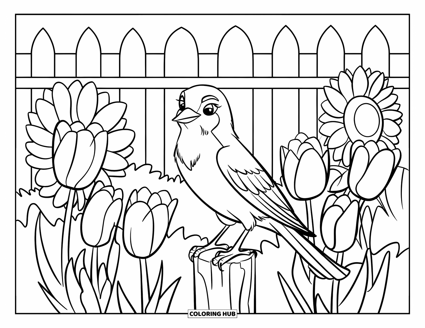 Vogel Ausmalbild für Kinder: Vogel sitzt auf einem Holzpfosten in einem Garten voller Tulpen und Sonnenblumen