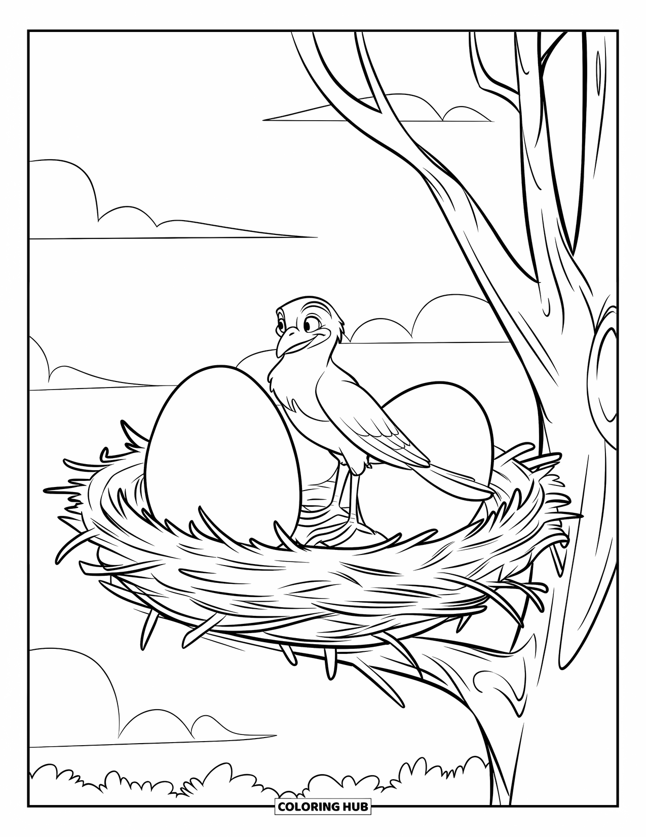 Vogel Ausmalbild für Kinder: Vogel sitzt auf Eiern in einem Nest hoch oben im Baum