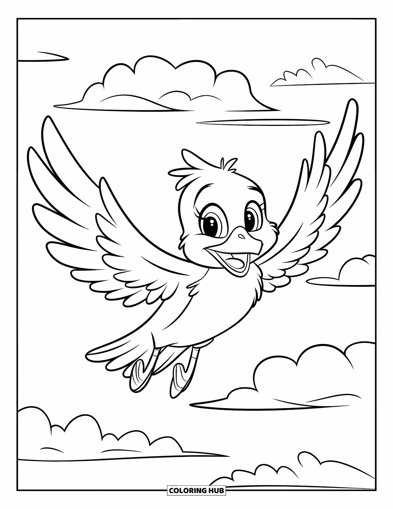 Vogel Ausmalbild für Kinder: Vogel schwebt glücklich mit offenen Flügeln durch den Himmel