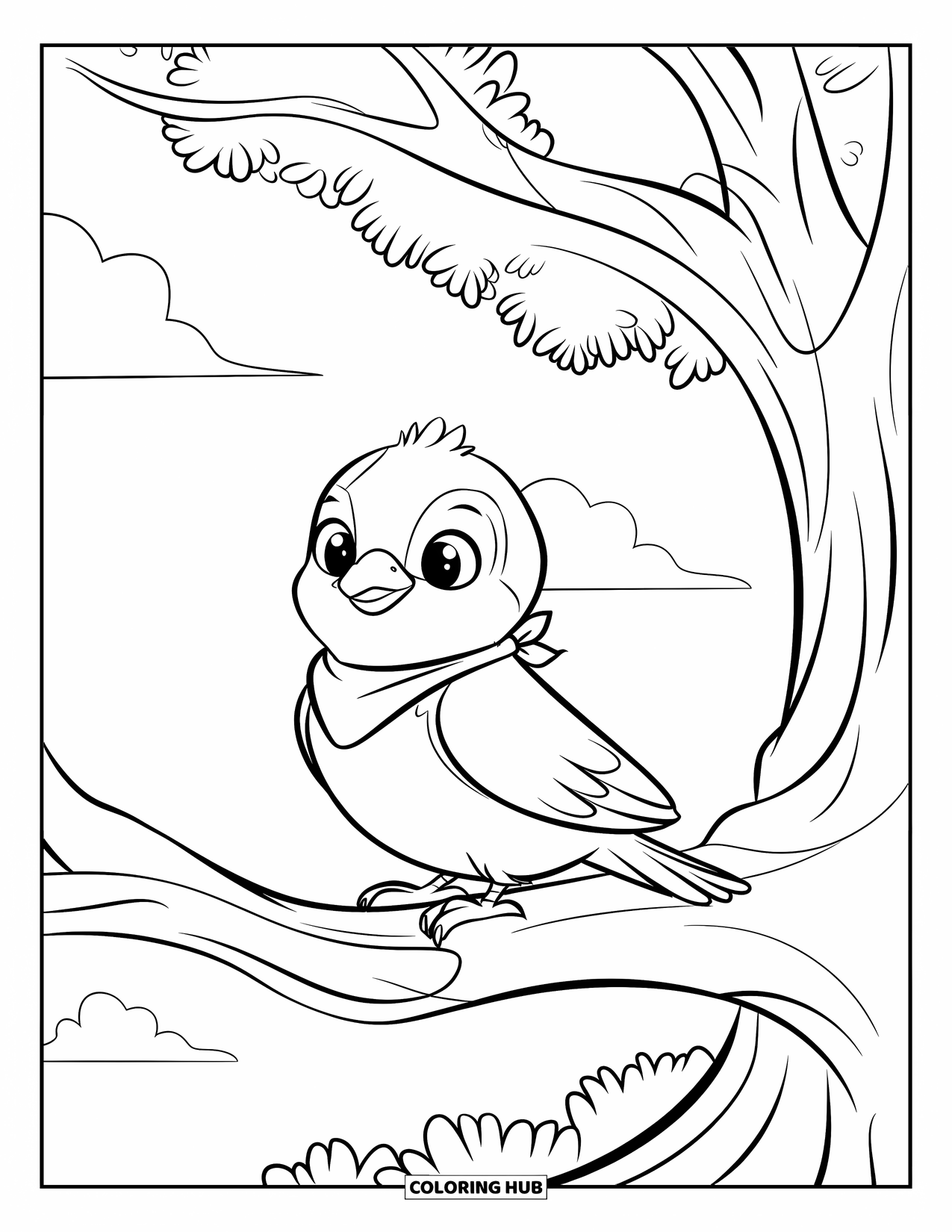 Vogel Ausmalbild für Kinder: Vogel mit grünem Schal sitzt auf einem dicken Ast mit Wolken