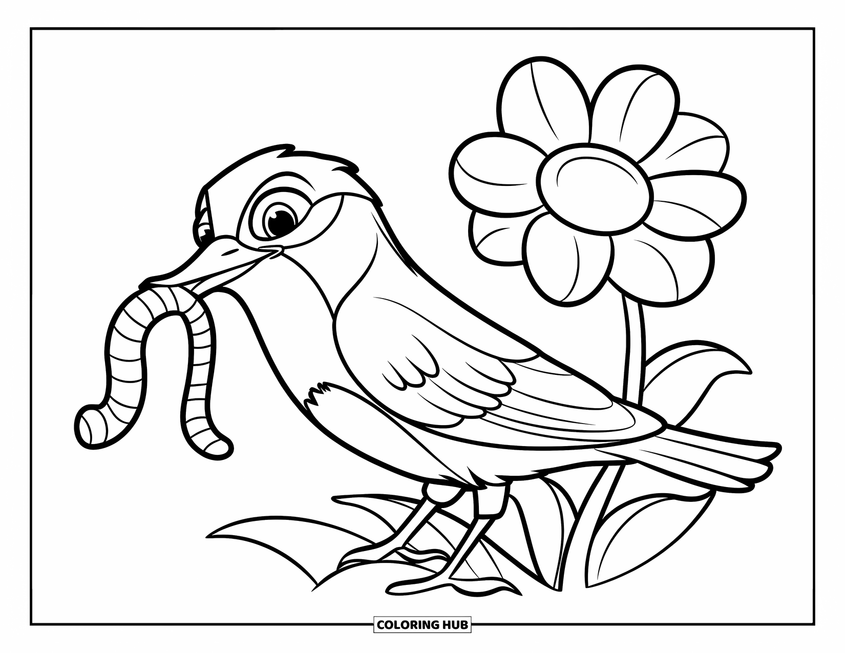 Vogel Ausmalbild für Kinder: Vogel mit einem Wurm in der Nähe einer Blume und steht aufrecht