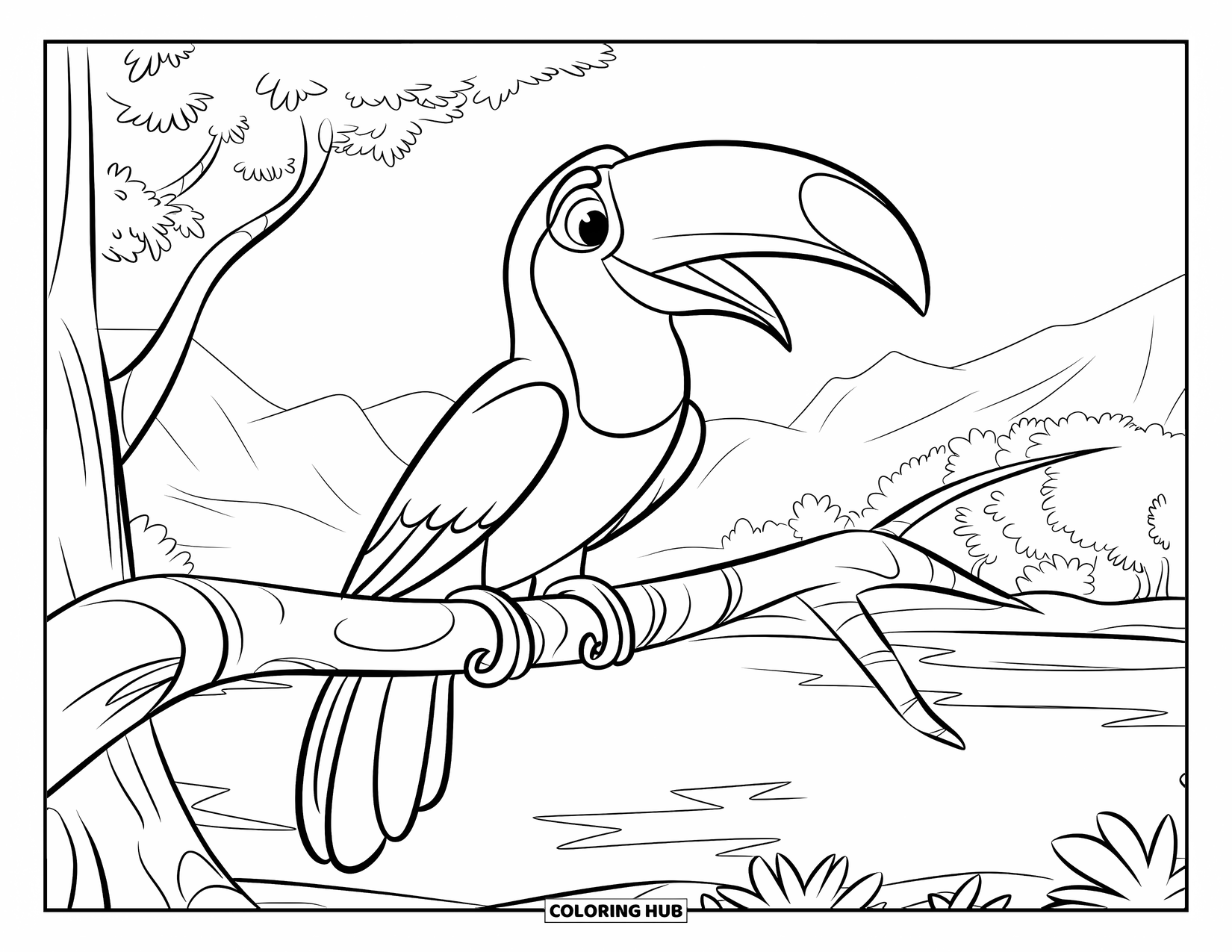 Vogel Ausmalbild für Kinder: Heller Tukan sitzt in der Natur mit Bäumen, Bergen und Wasser